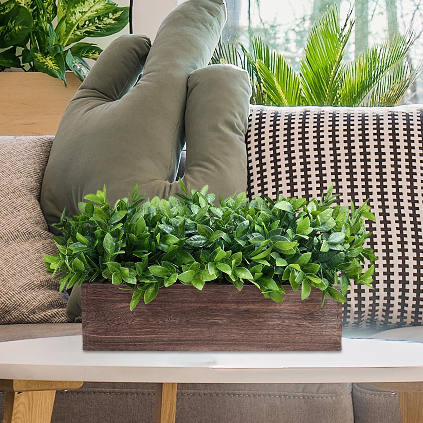Winlyn 14" Artificial Boxwood Plants in Rectangular Wood Planter Farmhouse Greenery Arrangement Centerpiece Faux Potted Herb Plant for Wedding Dining Room Table Kitchen Windowsill Mantel Shelf Décor