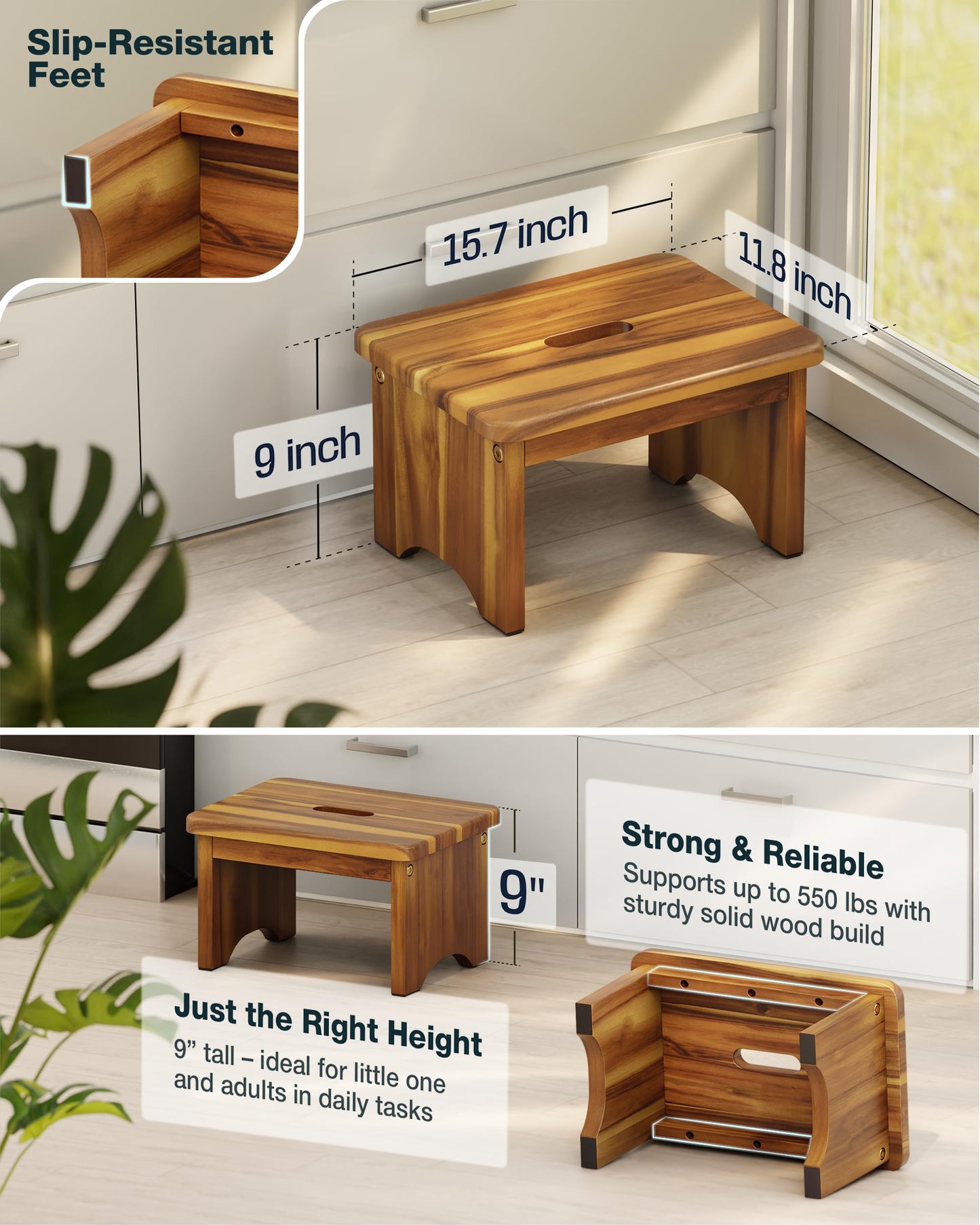 FANATU Wooden Step Stool, 9'' One Step Stool for Adults, Wooden Beside Step with 550 Lbs Load Capacity, Heavy Duty/Portable/Nonslip/Durable Construction Safe Step for Bedroom/Kitchen