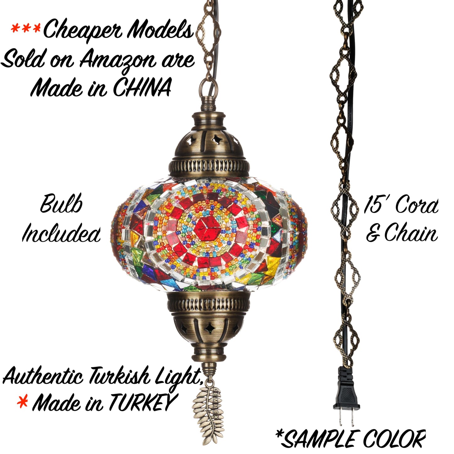 DEMMEX Authentic Turkish Mosaic Plug-in Swag Pendant Light Fixture, Large 6.5" Globe – Moroccan Hanging Ceiling Lamp - 15ft Cord & Chain, US/CA Plug, Exotic Mediterranean Decor, Handmade