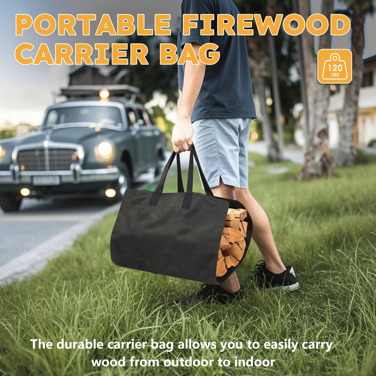 GAVISCITY 30 Inch Firewood Rack Outdoor Indoor with Handle and Log Carrier Bag, Stable Metal Wood Rack Heavy Duty Log Holder for Fireplace Patio Deck, Rustproof Firewood Storage Organizer Tool, Black