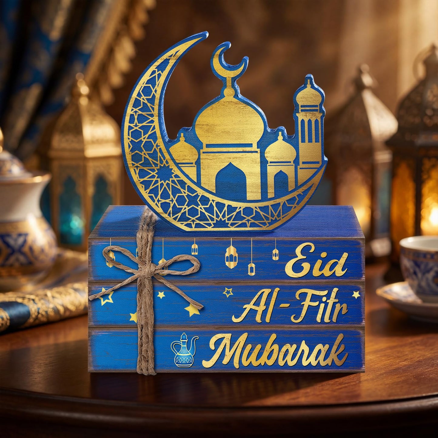 Geelin 4 Pcs Eid Mubarak Tiered Tray Decor Wooden Book Stack Signs, Blue Gold Islamic Crescent Moon Mosque Table Centerpiece for Ramadan Home Shelf Coffee Bar Mantel Decorations