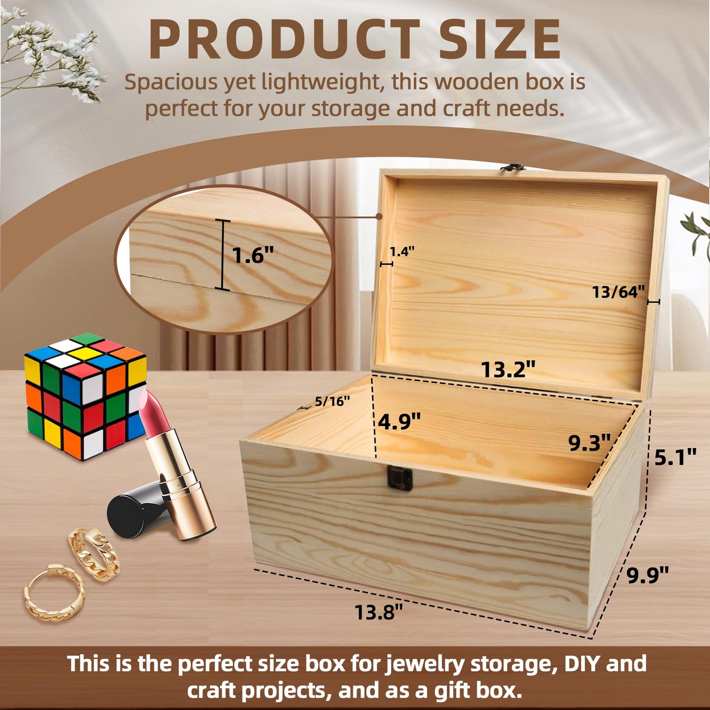 VIKOS Products 13.8x9.9x6.7-Inch/ 3.33-Gal. X-Large Unfinished Wooden Box for DIY Crafts & Storage with Hinges & Retro Front Clasps - Natural Pine - Smooth Paintable Surface