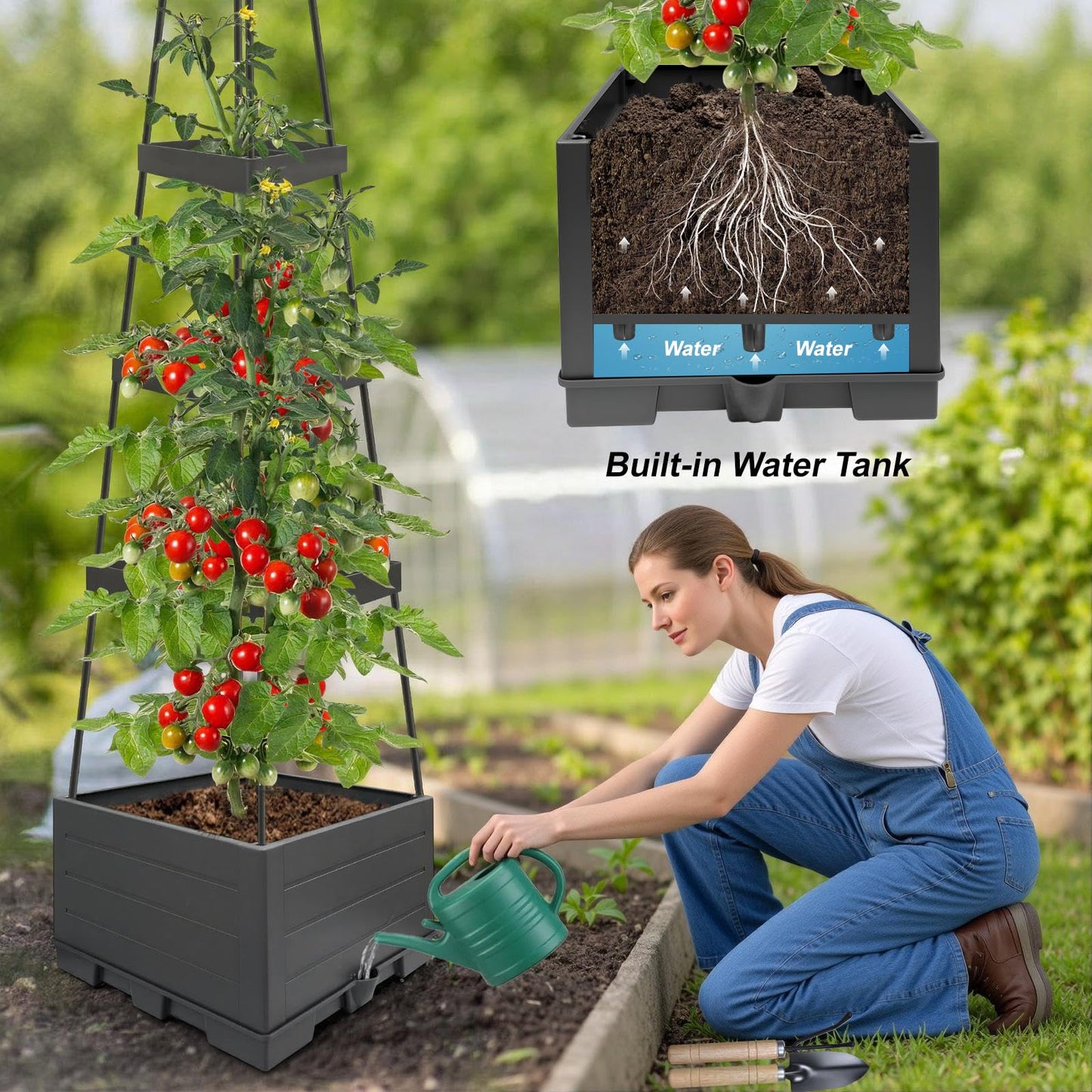 2Pack Raised Garden Bed Tomato Planter Box with Trellis Outdoor Tomato Cage Trellis for Garden Climbing Plants Outdoor Indoor 57" Self Watering Raised Beds for Gardening Tomatoes Vegetable Growing