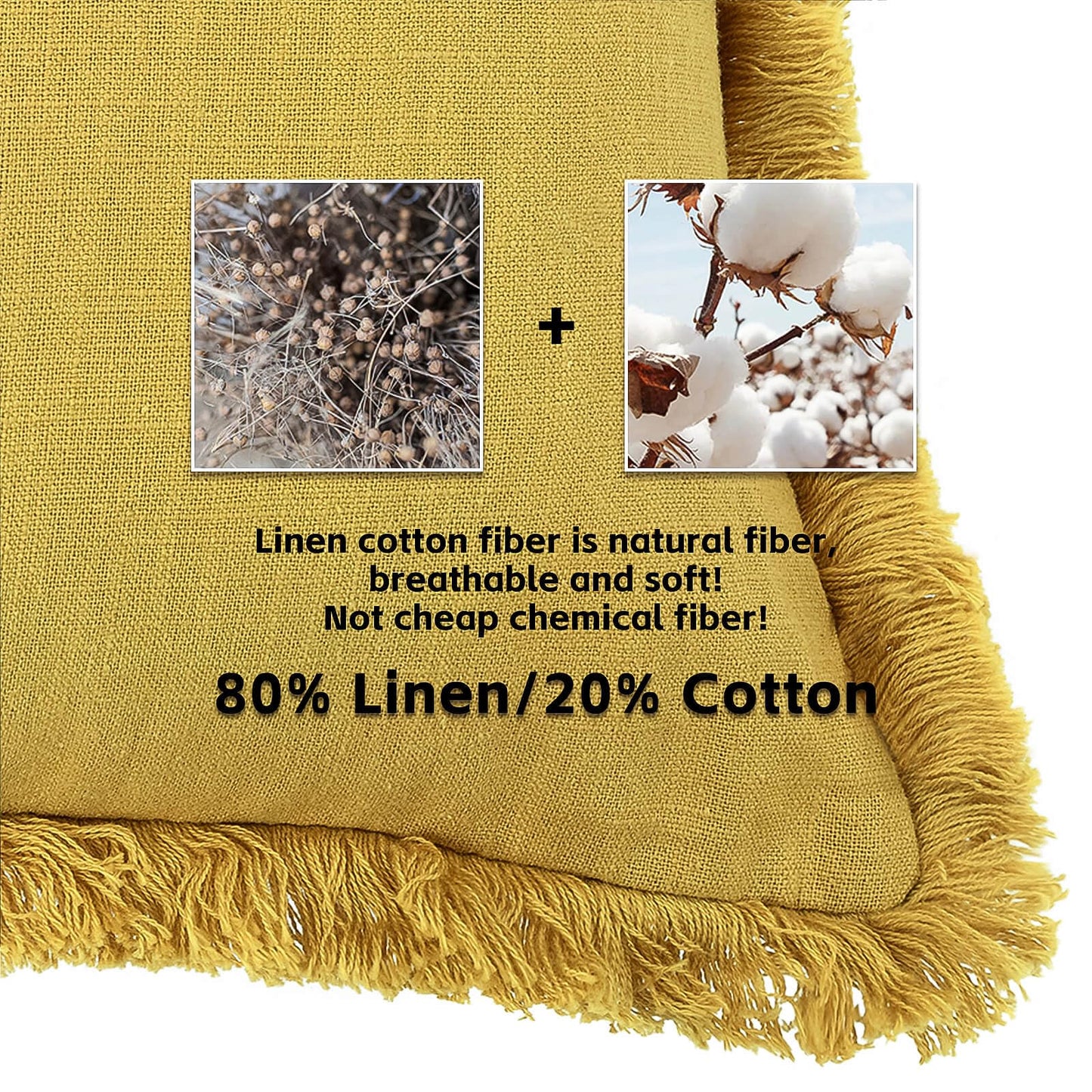 AmHoo Pack of 2 Linen Pillow Covers with Tassels Fringed Decorative Rustic Natural Throw Pillowcase Cushion for Couch Sofa Bedroom 18 x 18-Inch Mustard Yellow