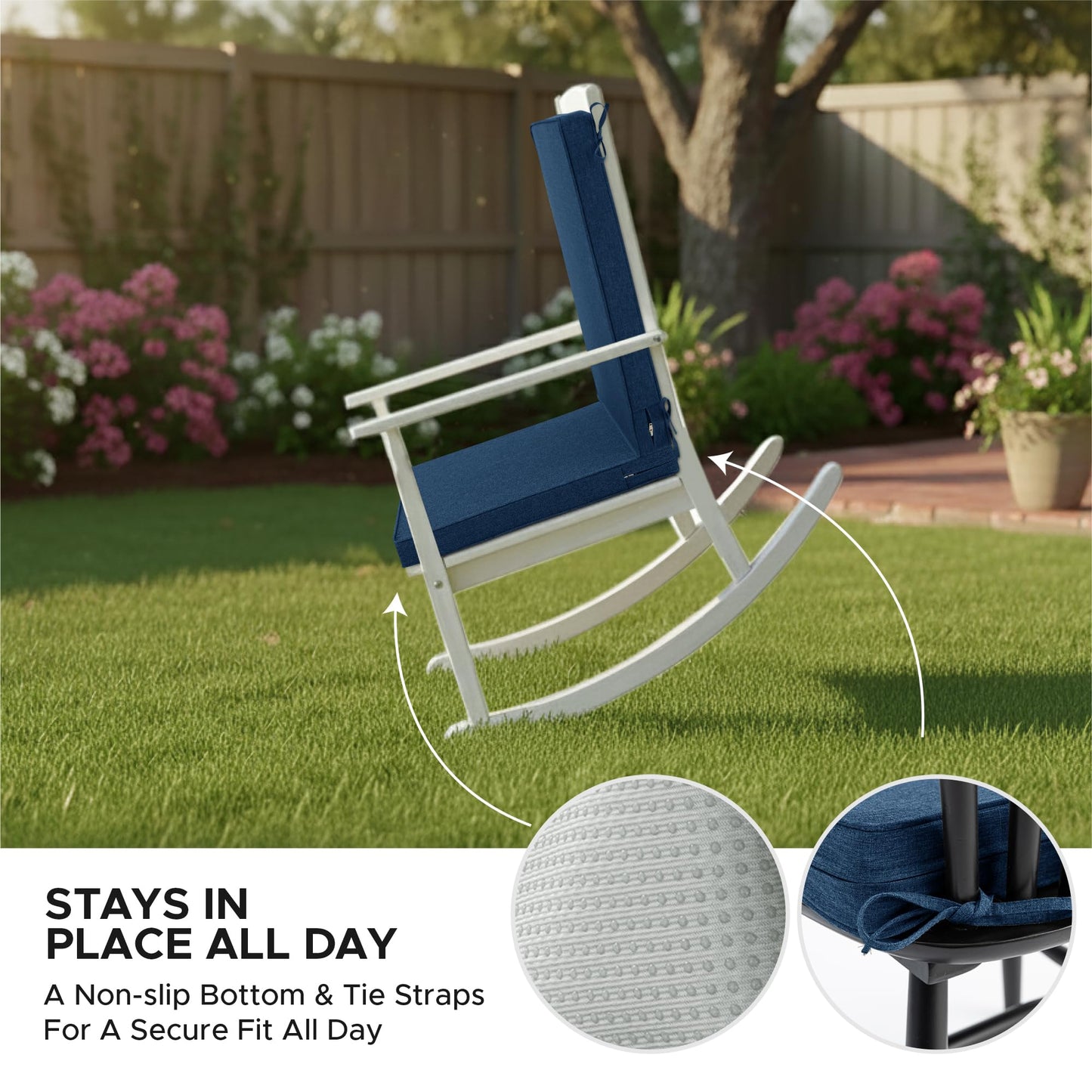 Fitfree Outdoor Chair Cushions 20x20, Water-Resistant & Fade-Resistant, Patio Furniture Lawn Dining Chair Seat Replacement with High Back, Ties Zipper, Removable Cover, Set of 4, Navy Blue