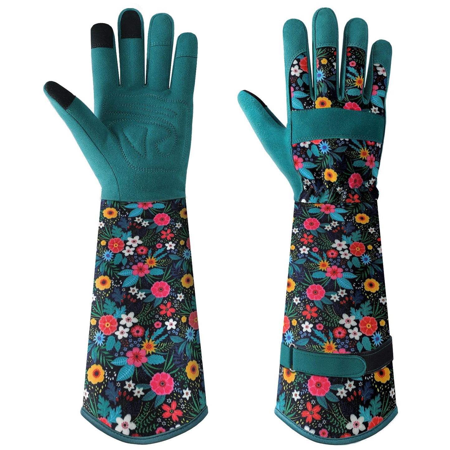 Gardening Gloves for Women - Breathable Long Garden Gloves with Grip, Thorn-Proof Puncture-Resistant Leather Work Gloves for Yard and Outdoor Work, Protective Garden Gloves for Women, Green Flower