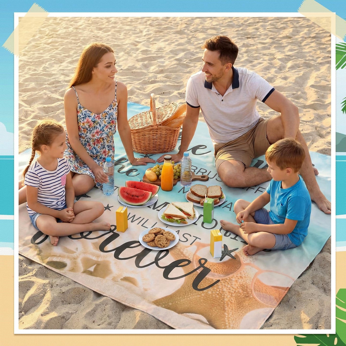 Boao Ocean Theme Beach Blanket Waterproof Sandproof Extra Large Mat 6.56 x 6.89 ft Lightweight Portable for Outdoor Trip Camping with Stakes Storage Bag 1-4 Family Friend Vacation Starfish Sea Shell