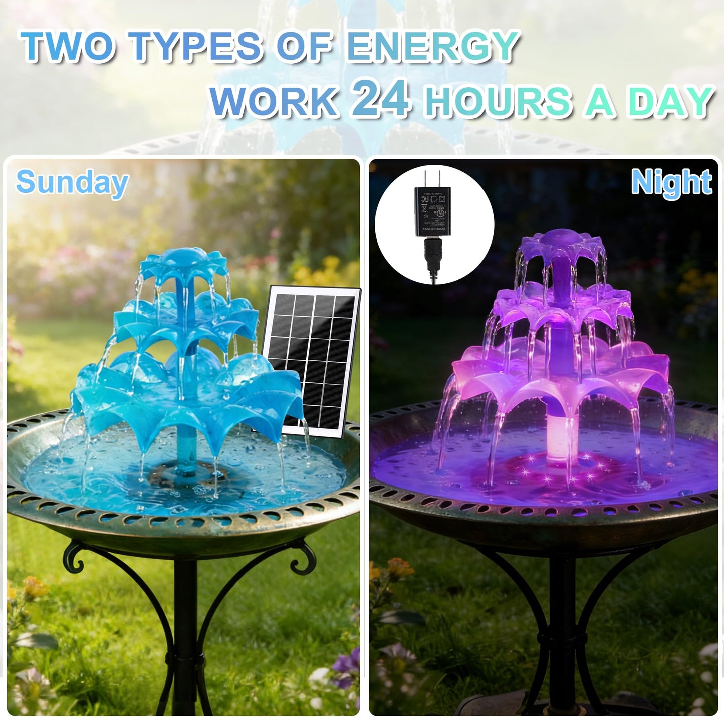 3.5W Solar Fountain Pump for Bird Bath, 3-Tier Blue Solar Water Pump with 8 LED Lights, 32.8FT Power Cord and Adapter Included, Dual-Powered for 24/7 Use for Garden, Pond, Pool, Fish Tank and Lawn