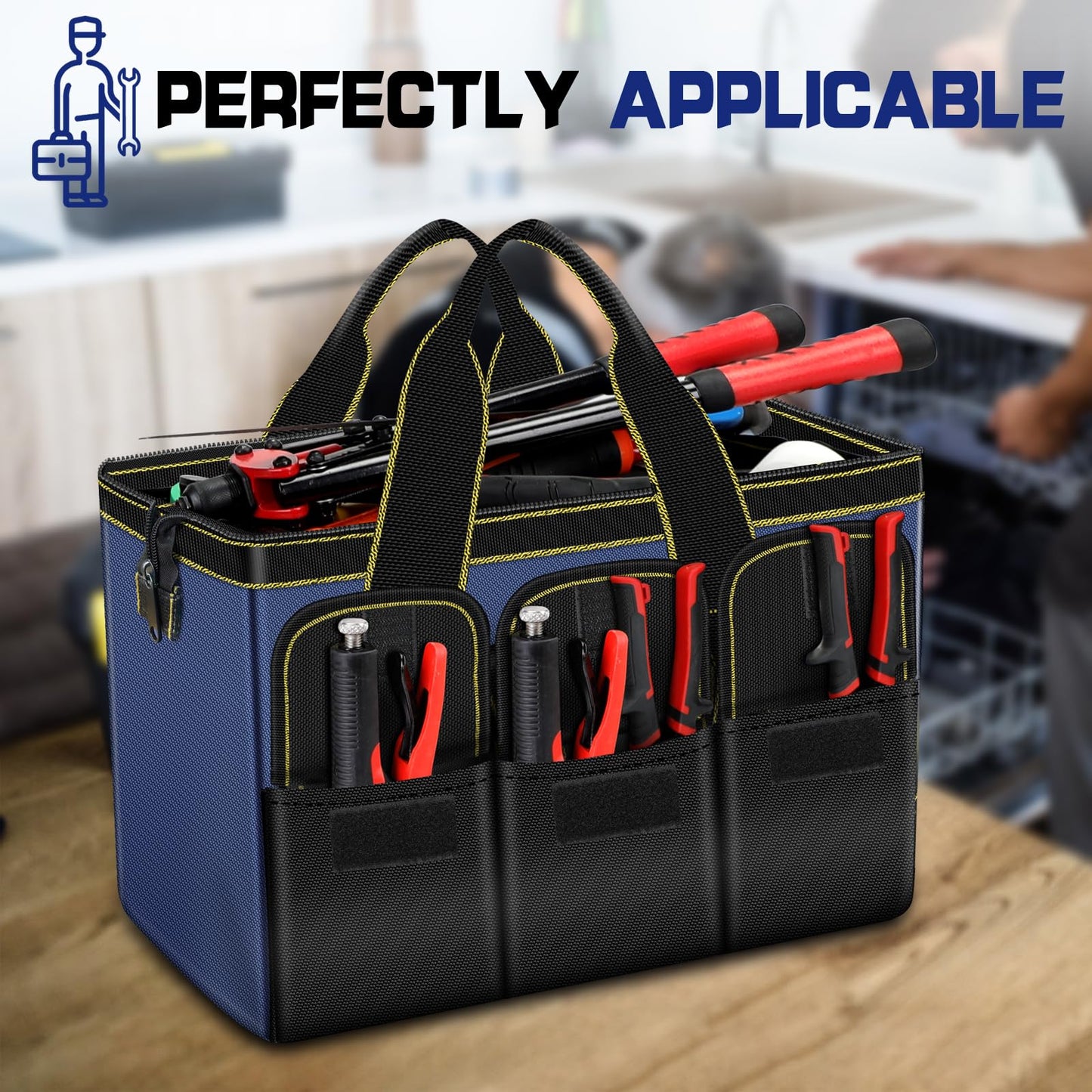 AIRAJ 14 Inch Tool Bag,Wide Mouth Tool Bags for Men,Tools Organizer for Home Repairs,Garage Storage,Professional Work,Portable Small Toolbags