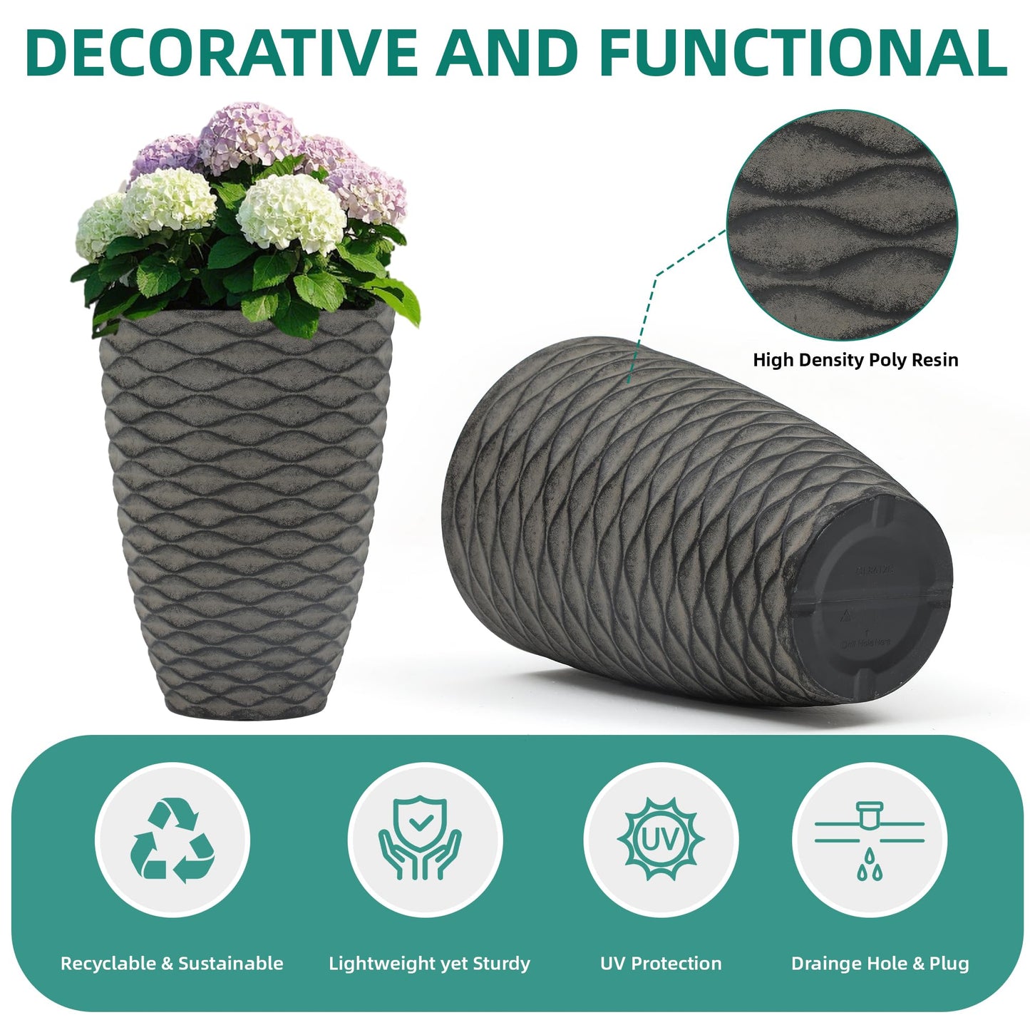 Ultym 19" H Coastal Planter for Indoor/Outdoor Plants, Set of 2 Large Flower Pot with Drainage Hole, Weather-Resistant Resin Planters for Garden Patio Porch Home Office Decor, Rustic Black Wavy