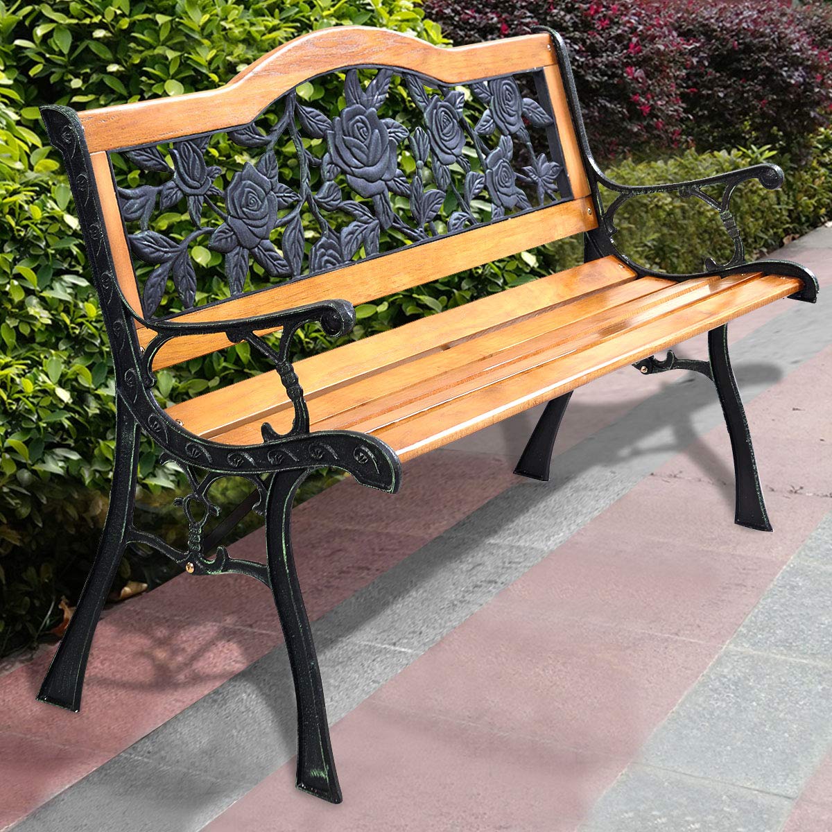 Giantex 50 Inch Patio Bench, Outdoor Furniture Rose Cast Iron Hardwood Frame Porch Loveseat, Weather Proof Porch Path Chair for 2 Person Outside Bench