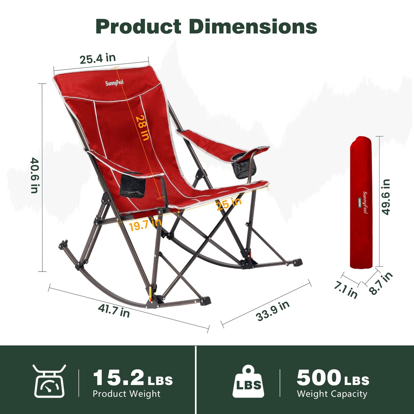 SUNNYFEEL Oversized Folding Rocking Camping Chair with Buckle Design Outdoor Rocker High Back Lawn Camp Rocker Chair with Cup Holder Heavy Duty 500 LBS for Outdoor/Camping/Lounge/Patio with Carry Bag
