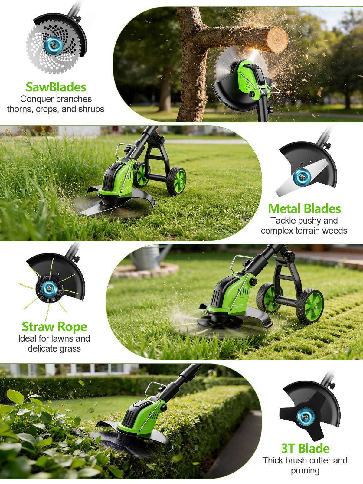 20,000RPM Cordless Electric Weed Wacker, 800W Brushless Weed Eater with Wheels, 12" 4-in-1 String Trimmer Lawn Edger Mini Lawn Mower Brush Cutter, Foldable, 21V, 2×4.0Ah Batteries Power Display
