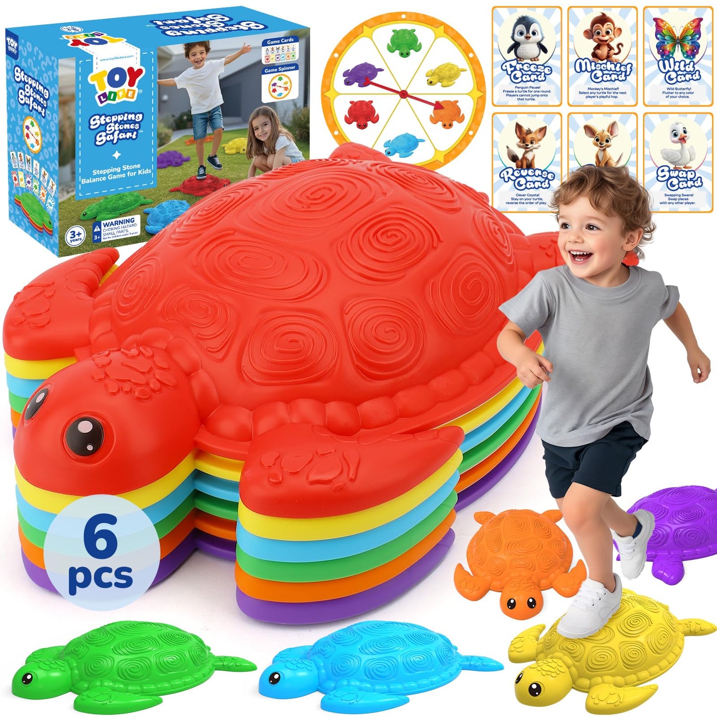 TOY Life 6 Pcs Turtle Balance Stepping Stone for Kids, Indoor Outside Toys for Kids Ages 4-8, Toddler Outdoor Toys, Stepping Stones Game, with Cards and Spinner