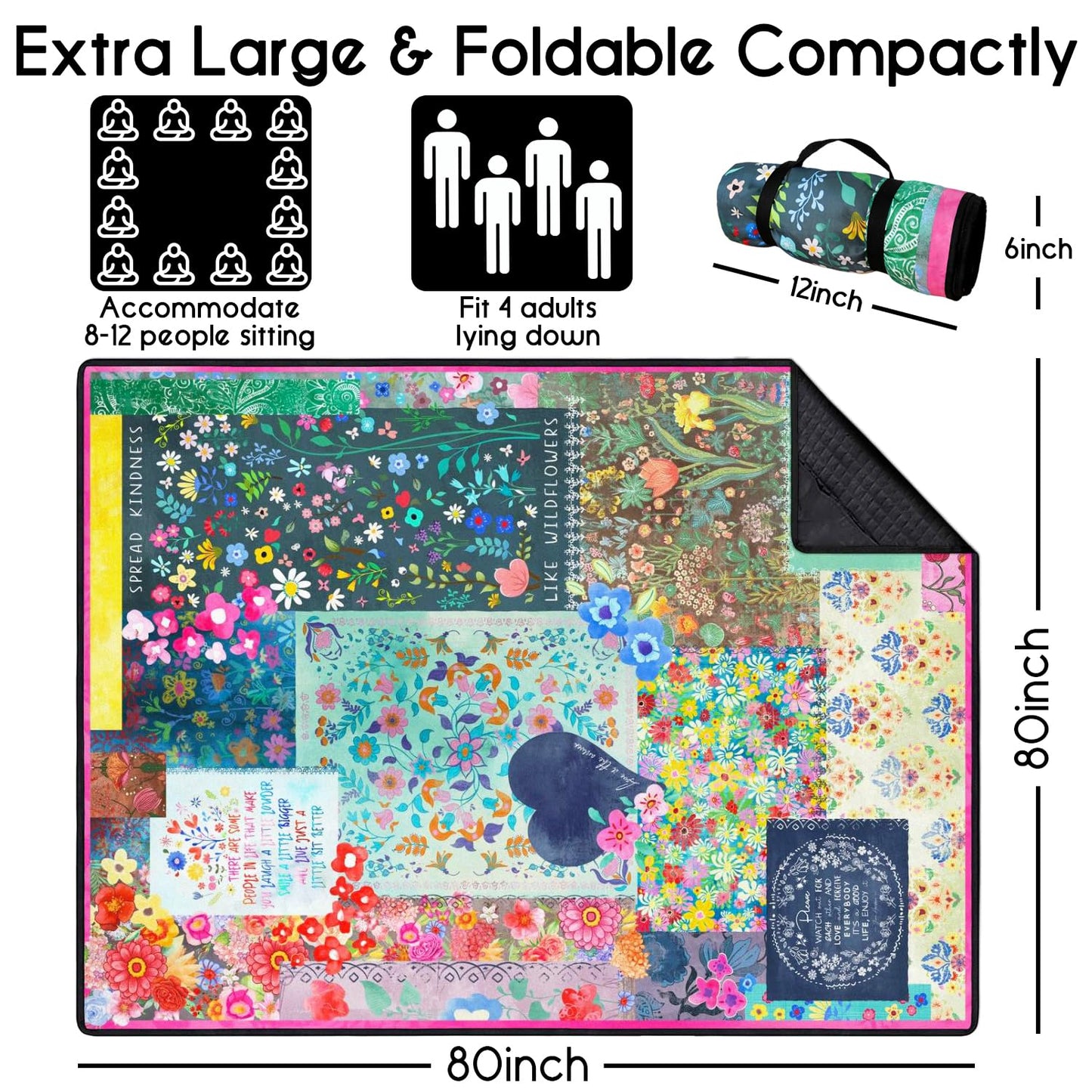 Cuslnox Picnic Blankets Waterproof Foldable Extra Large, 80"x 80" Outdoor Beach Blanket Waterproof Sandproof, 3-Layer Lightweight Handy Mat Tote Picnic Camping Rugs for Outside Your Rv
