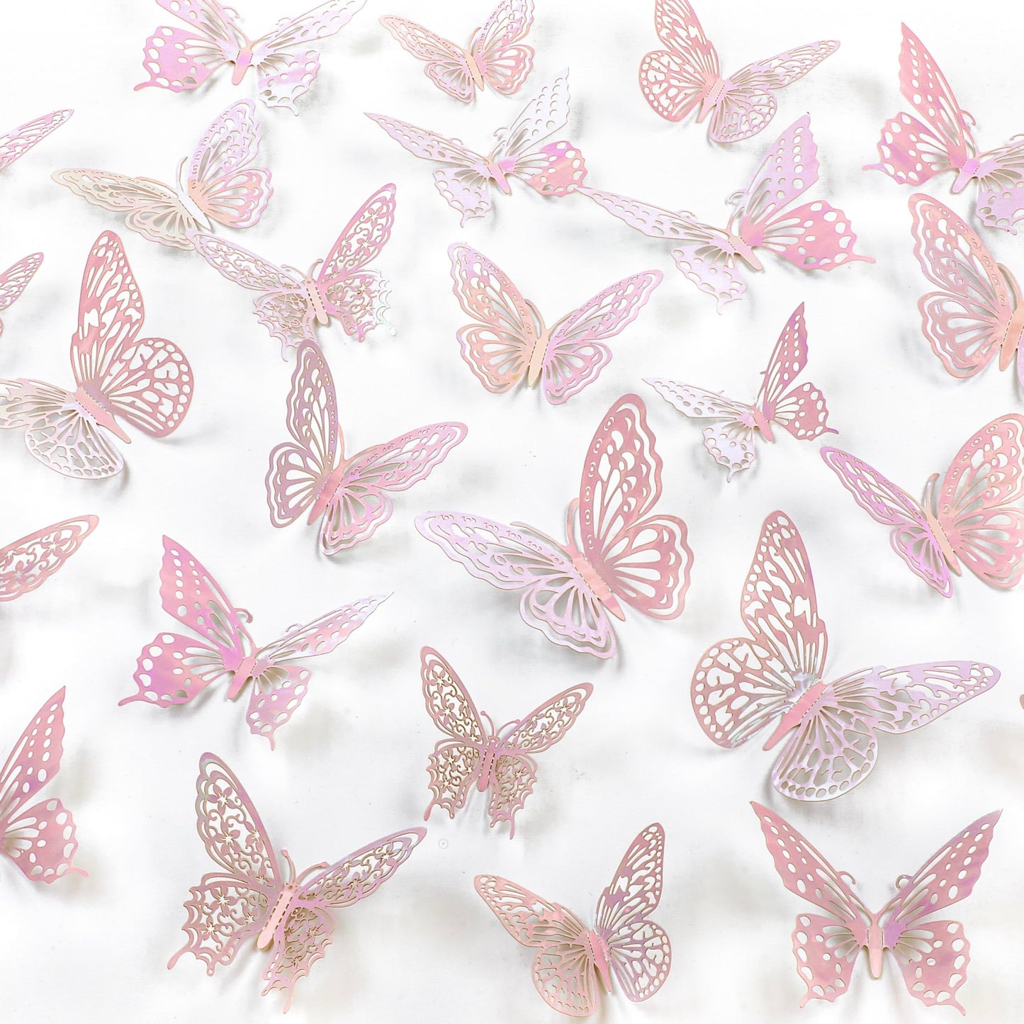 Phuryllic Butterfly Wall Decor, 48pcs 3D Butterfly Stickers in 3 Sizes & 4 Styles for Balloon Arch & Cake Decorations, Cute Decals for Girls Room & Birthday Party, Laser Pink