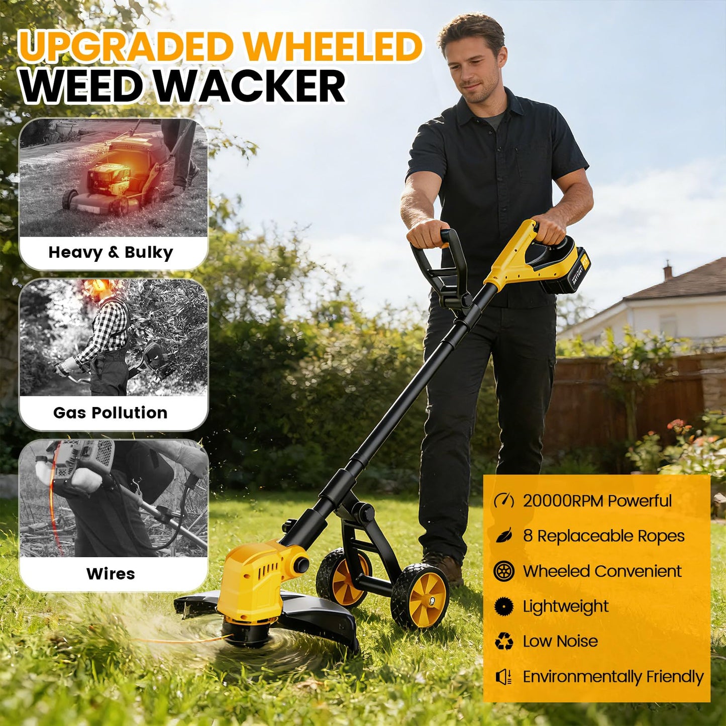 Cordless String Trimmer with Wheels, 14-Inch 2x3.0Ah 21V Battery Powered Weed Eater, Electric Lawn Mower Weed Wacker, Brush Cutter Grass Trimmer for Garden Yard