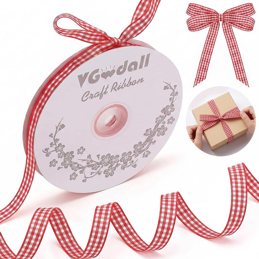 VGOODALL Red Gingham Ribbon, 3/8" x 50Yd Red and White Thin Crafts Ribbon Buffalo Checker Ribbons for Mother's Day, Hair Accessories, Picnic, School and Birthday Gift Wrapping