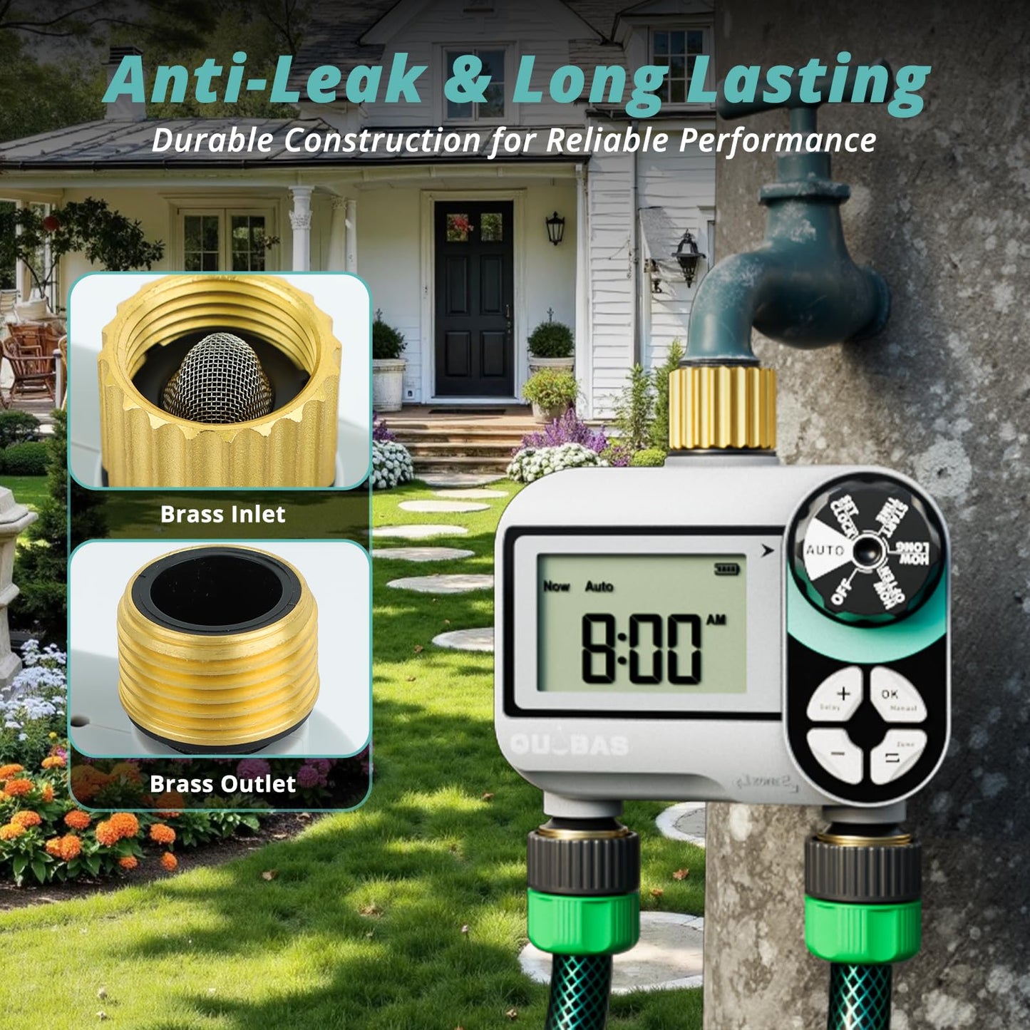 QUOBAS Brass Sprinkler Timer, Programmable Water Hose Timer for Garden Hose Faucet with Waterproof LCD Screen, Rain Delay/Manual/Automatic Irrigation Watering System for Garden, Lawn, Yard - 2 Zone