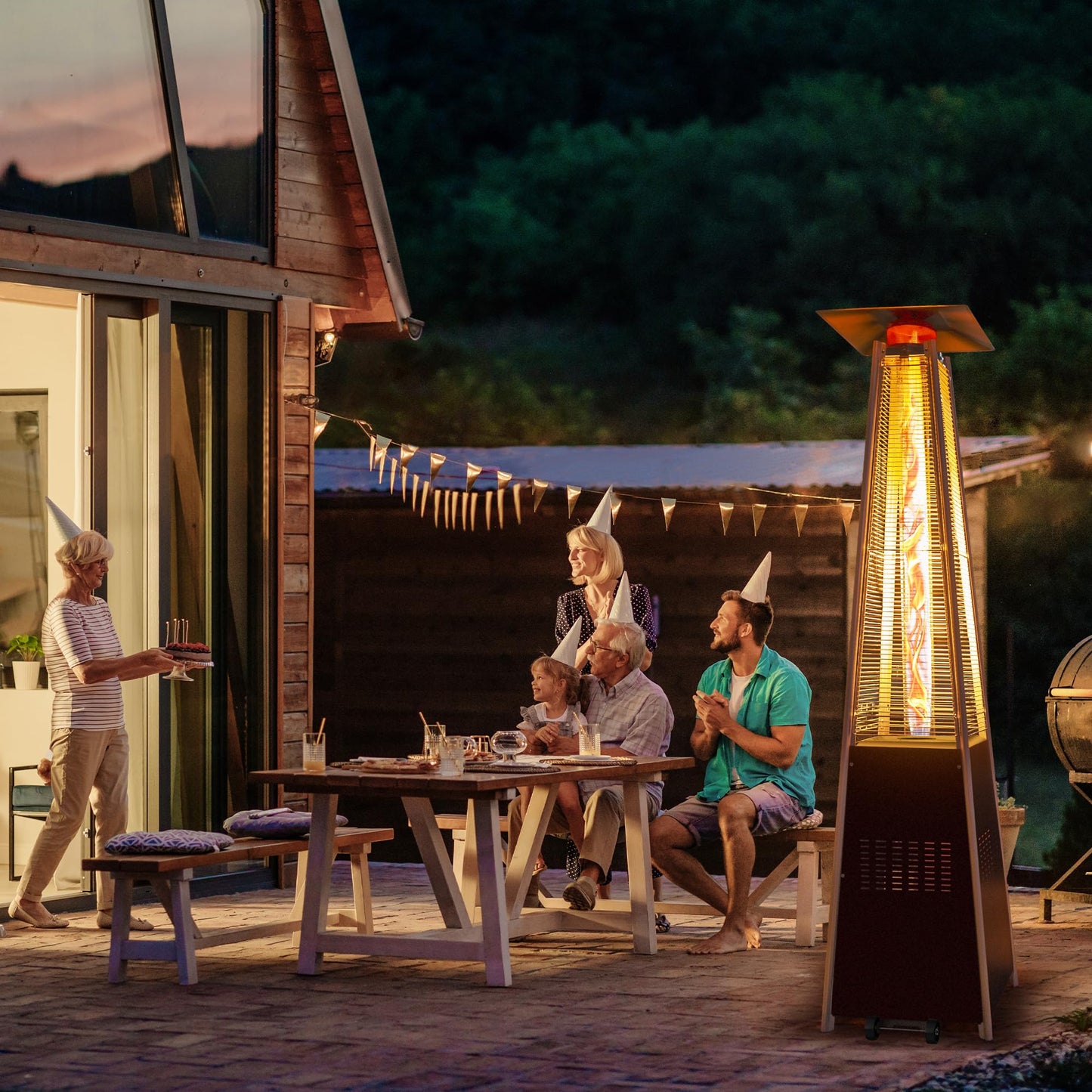 PATIOPIA 48,000 BTU Flame Pyramid Pool Heater With Cover, Triple Safety Protection Portable Patio Heater with Patio Cover, Warm Glass Tube with Durable Wheels-Brown