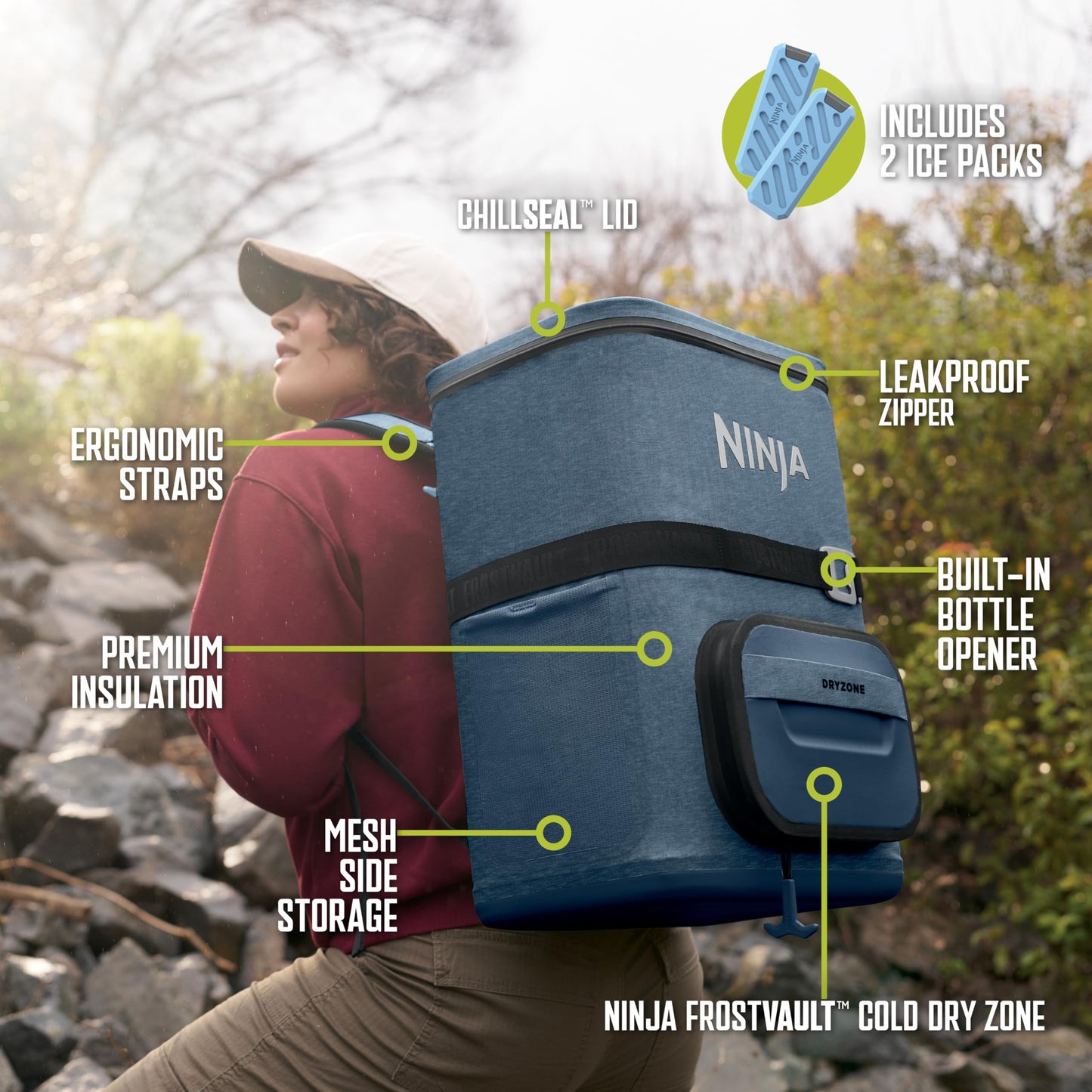 Ninja | Backpack Cooler | FrostVault Go 36 Can Soft Cooler | Leakproof Zipper with Built in Can Opener, 2 Ice Packs & Dry Storage Drawer | for Hiking, Camping & More | Lakeshore Blue | FF136NV