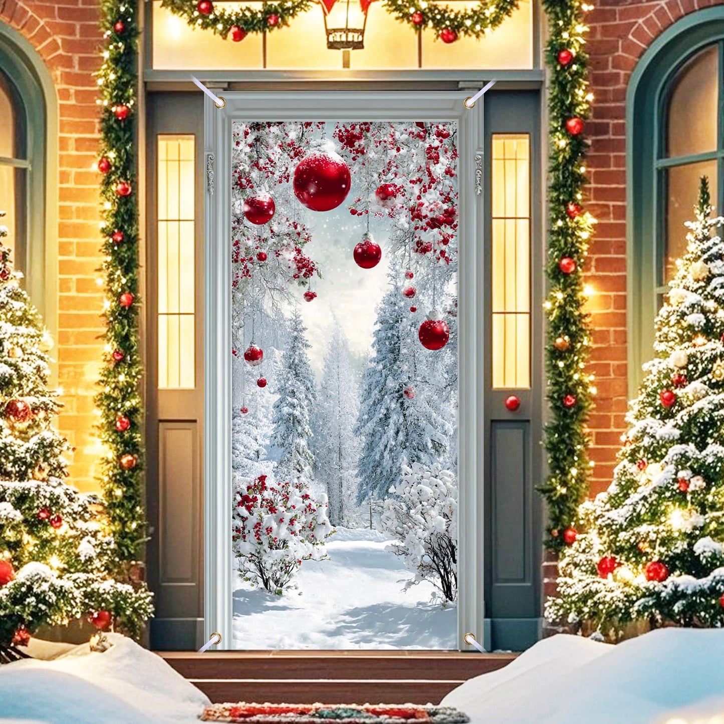 Nuxovilar Snow Scene Door Cover with Red Accents Background Winter Xmas Holiday Wonderland Decorations Party Supplies Hanging Banner for Home, Office, Indoor & Outdoor Use (35x71 Inches)