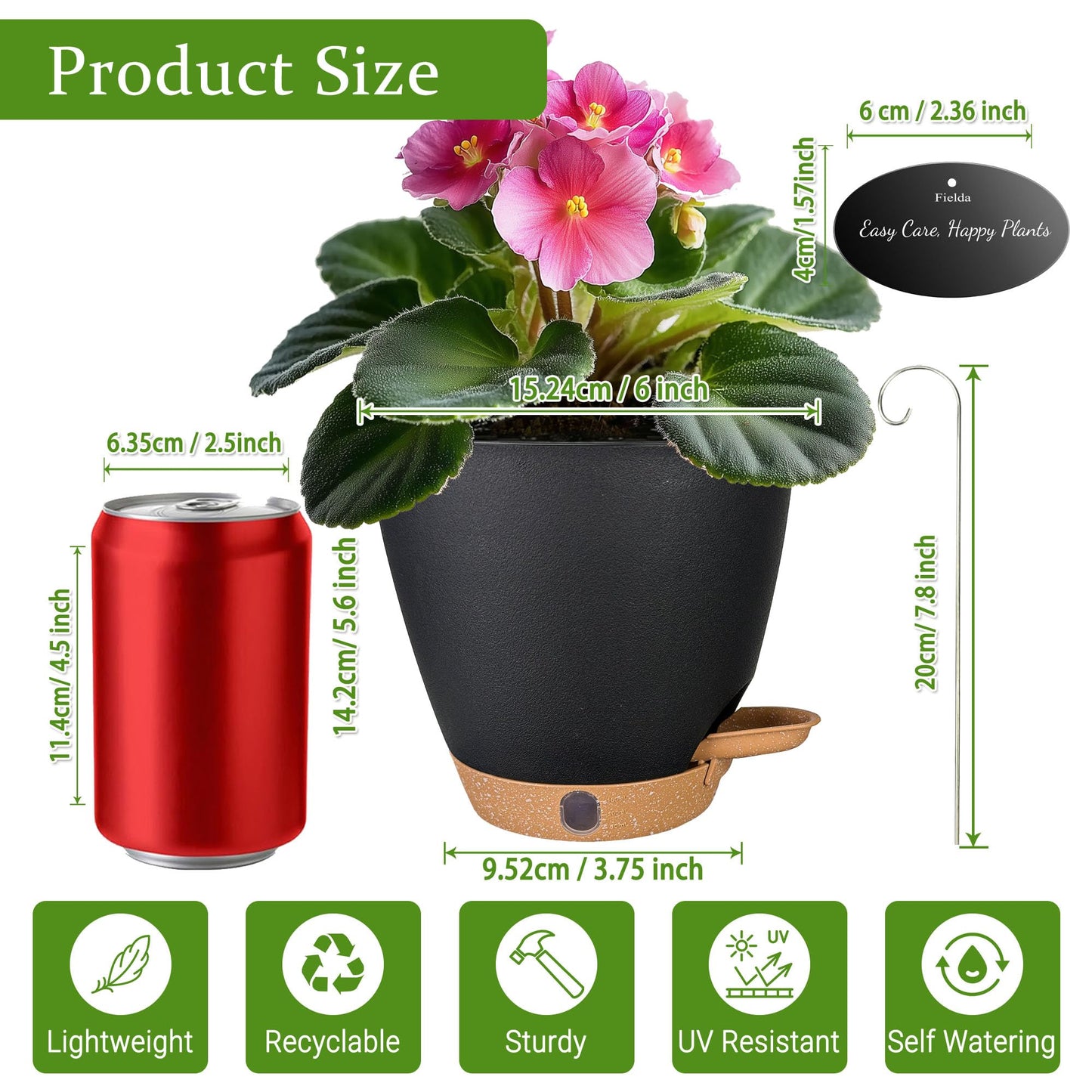 6 Inch Self Watering Pots for Indoor Plants(5-Pack) – Small Plastic Planters with Water Level Window, Drainage Holes & Detachable Trays, Indoor Outdoor Flower Pots for Herbs, Snake,Pothos(Black)