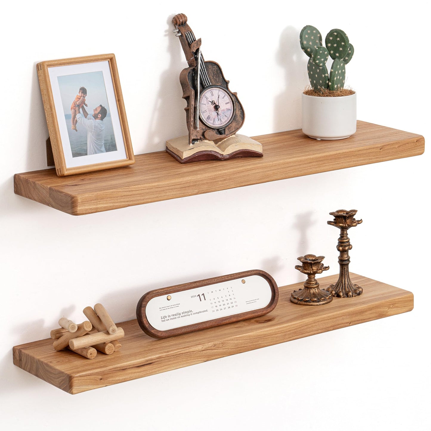 Floating Shelves for Wall, 30"Wx8"D Rustic Solid Elm Wood Floating Shelves Wall Mounted, Round Edge Wall Shelves with Invisible Bracket for Living Room Bathroom Bedroom Kitchen, Set of 2, Natural