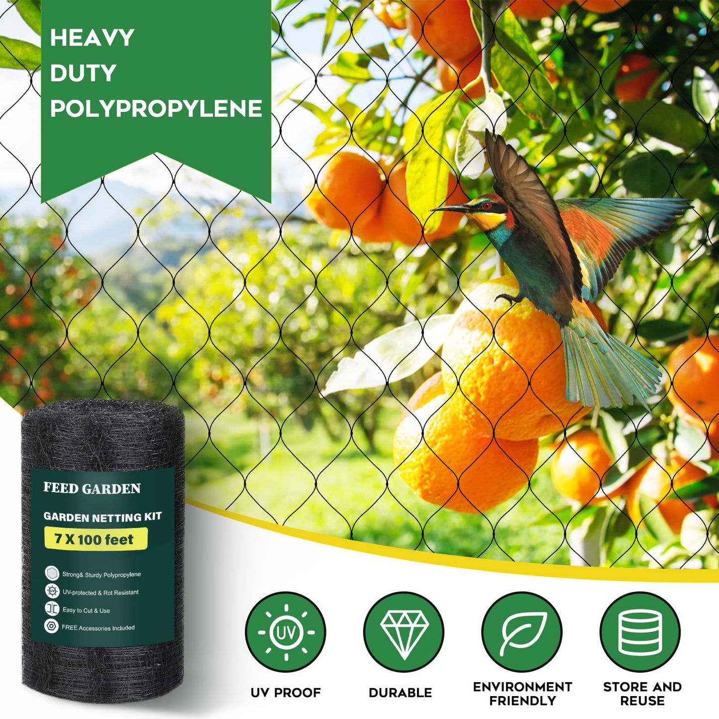 FEED GARDEN Heavy Duty Deer Netting - 7x100ft UV-Protected Garden Fence with 3/4" Fine Mesh - Includes 10 Stakes & 50 Zip Ties for Easy Installation