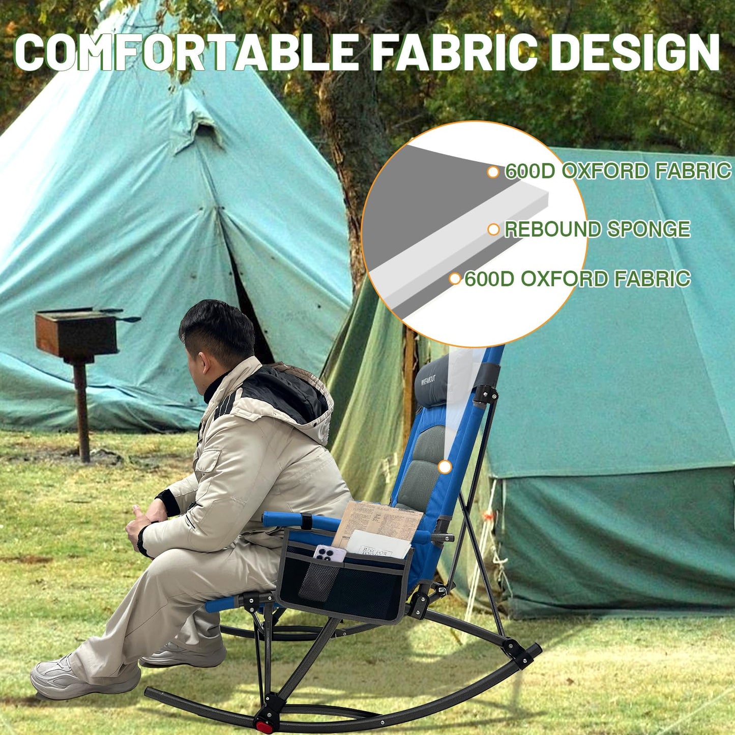 WKFAMOUT 13.8" High Seat Rocking Camping Chair Outdoor with Foot Rest & Headrest, Oversized Folding Rocker Chair with Carry Bag for Lawn Patio Supports 300 lbs