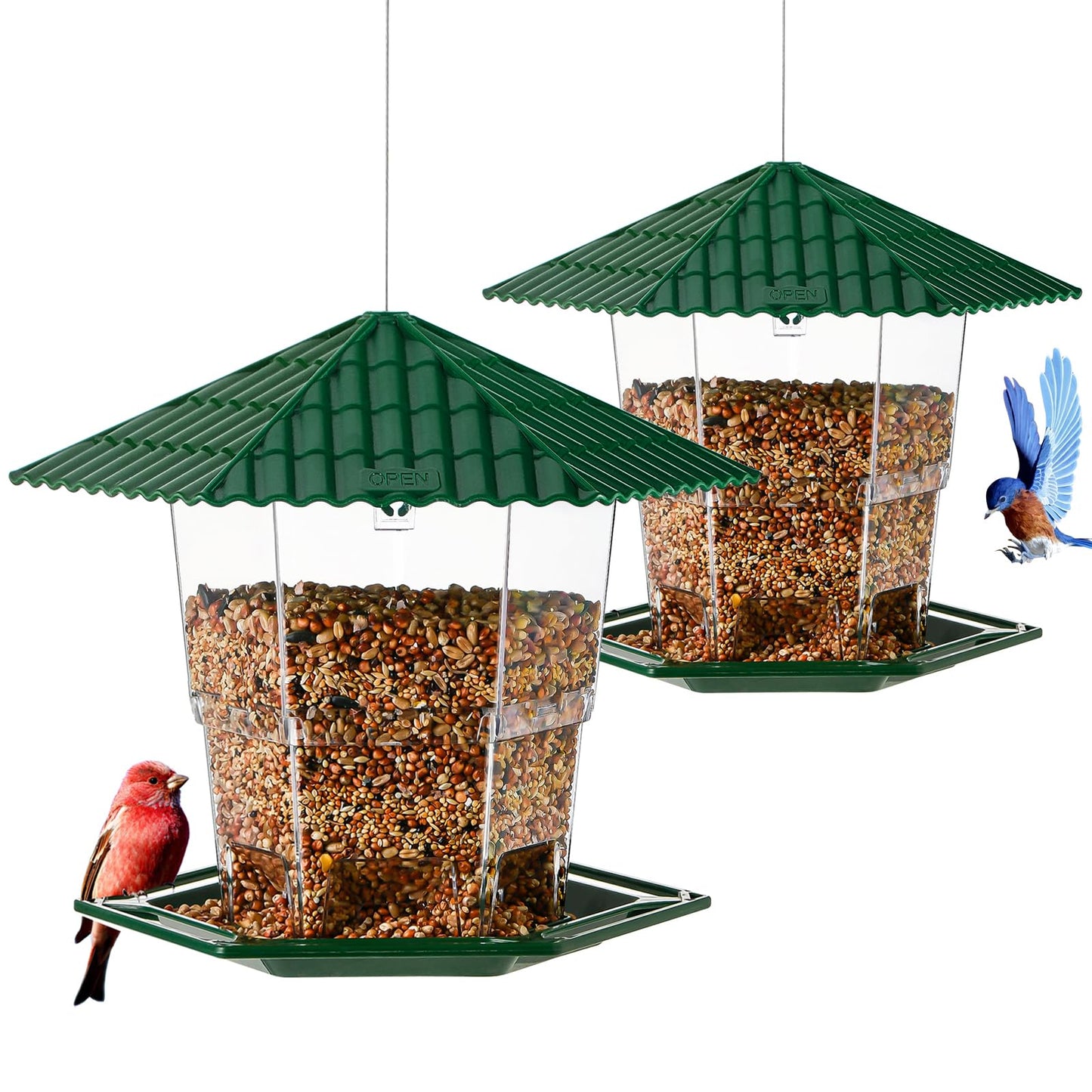 Jealoeur 2 Pack Bird Feeders for Outdoors Hanging Bird Feeder Wild Birds Seed, Green BB
