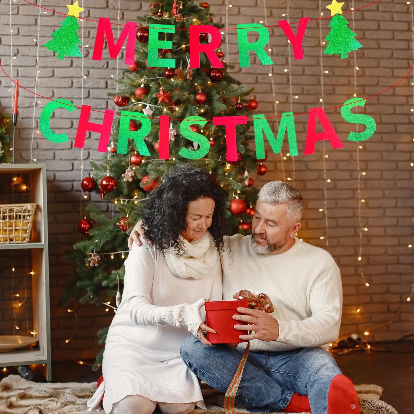Merry Christmas Party Banner, Glitter Red and Green Letter Garland with Christmas Tree Cutouts, Fun Wall Hanging Decoration for Holiday Office Home Party Supplies, and Xmas Festival Decor