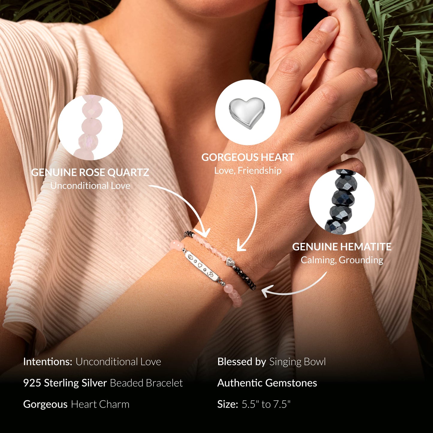 KARMA AND LUCK - Spiritual Love Women's Heart Chakra Real Rose Quartz Hematite 925 Sterling Silver Heart Charm Adjustable Drawstring Closure Bracelet Handmade with Love in Bali