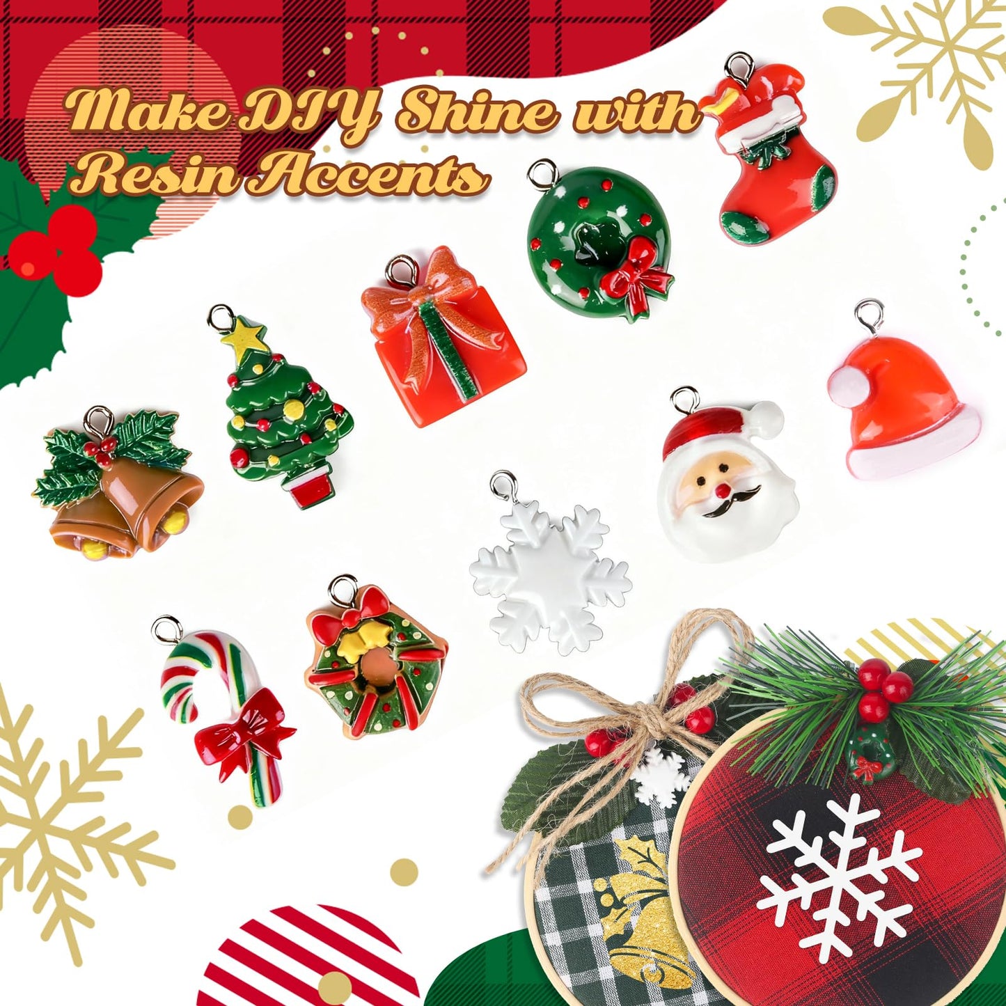 Ecoofor 8 Pack DIY Christmas Ornaments Craft Kit, Christmas Ornaments Kits with Plaid Fabric Bamboo Hoops Pinecones Berries and Other Accessories, Perfect for Christmas Crafts and Holiday Decorations
