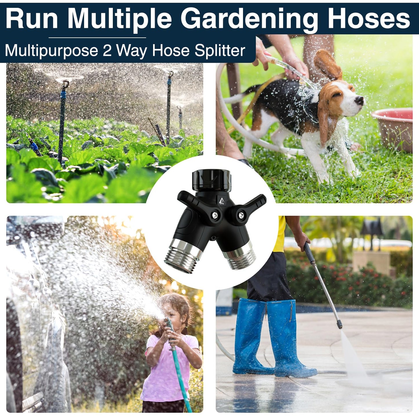 DBR Tech® Garden Hose Splitter 2 Way Heavy Duty | Faucet Adapter with Long Handle, Outdoor Water Spigot Hose Bib Y Wye Splitter, Dual Outlet Shut Off Valve Hose Connector, Leak Free
