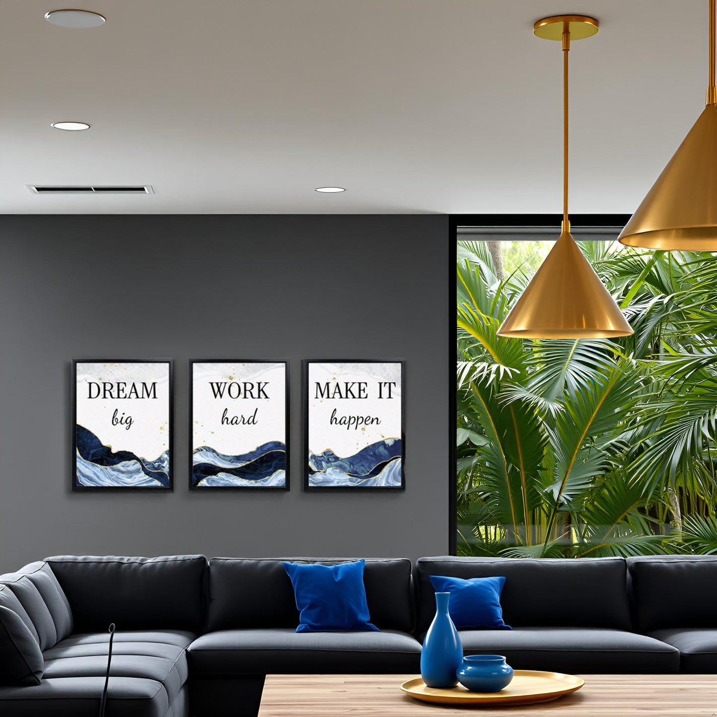 LevvArts Motivational Office Decor Dream Big Work Hard Make It Happen Inspirational Quotes Wall Art Prints Blue and Gold Artwork (Blue)