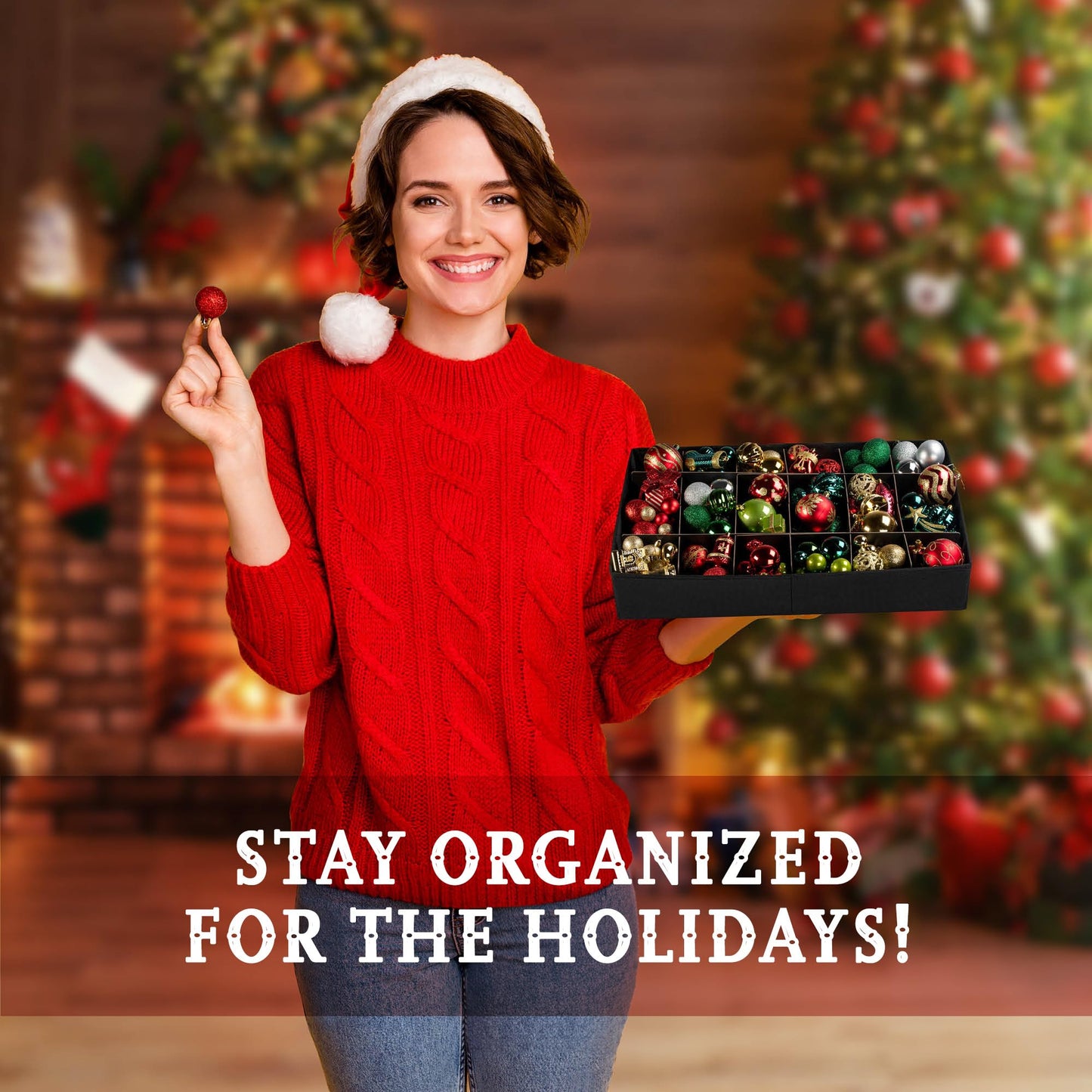 HOLDN’ STORAGE Christmas Ornament Storage Box with Dividers, Holds Up to 72 Ornaments (4 Inches), Large Organizer with 3 Stackable Trays - Red