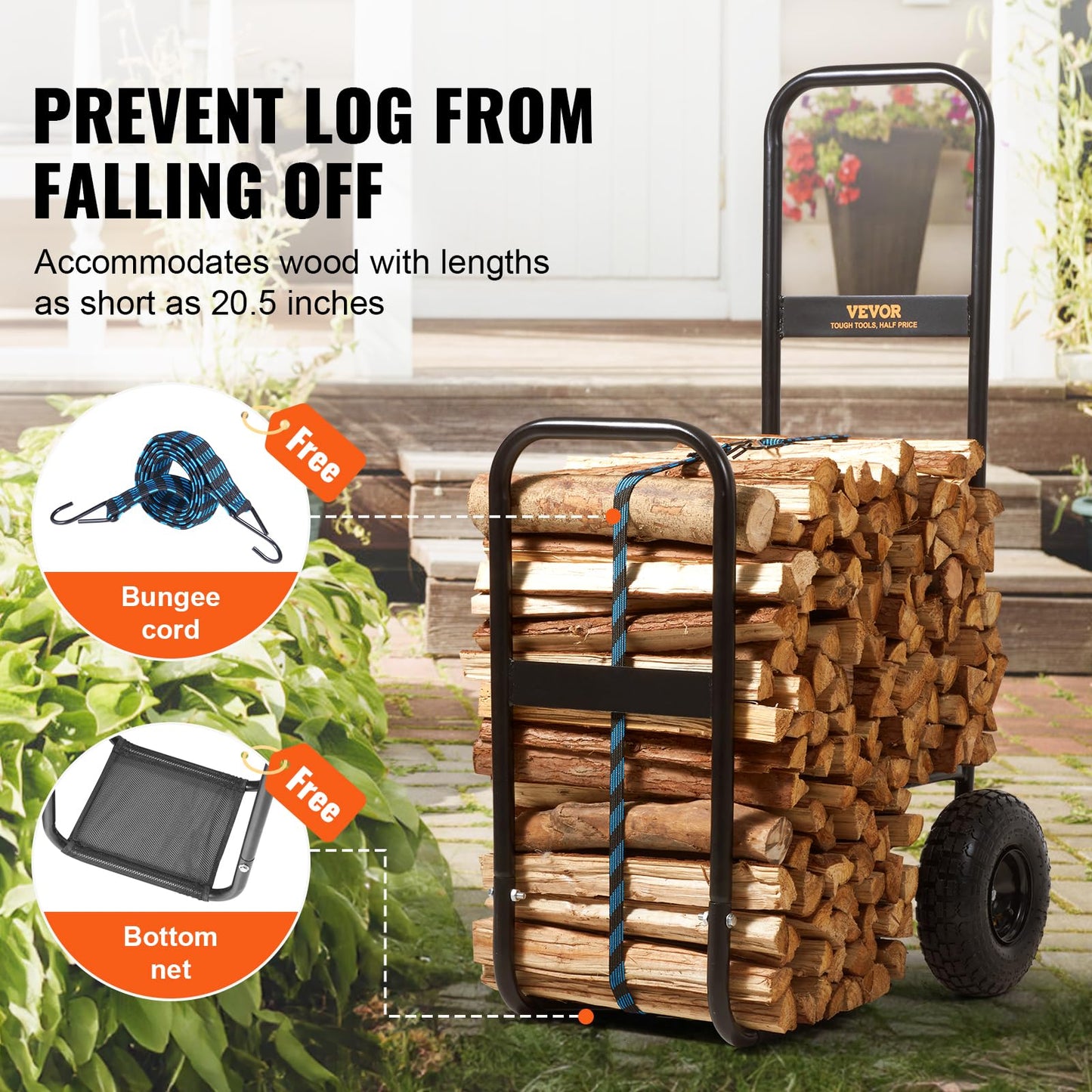 VEVOR Log Cart 250 lbs Load Capacity, Outdoor and Indoor Wood Rack Storage Mover with Pneumatic Rubber Wheels, Heavy Duty Steel Dolly Hauler, Firewood Carrier for Fireplace, Fire Pit, Black