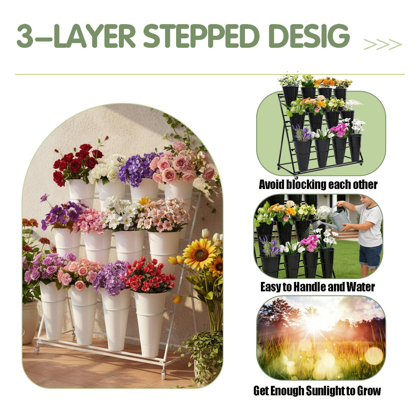 Flower Display Stand with 12 Buckets, 3 Layers Flower Bar Cart with Wheels, Metal Flower Plant Stand, Moving Florist Bouquet Shelf, for Outdoor Indoor Garden Patio Florist Weddings (A-Black)