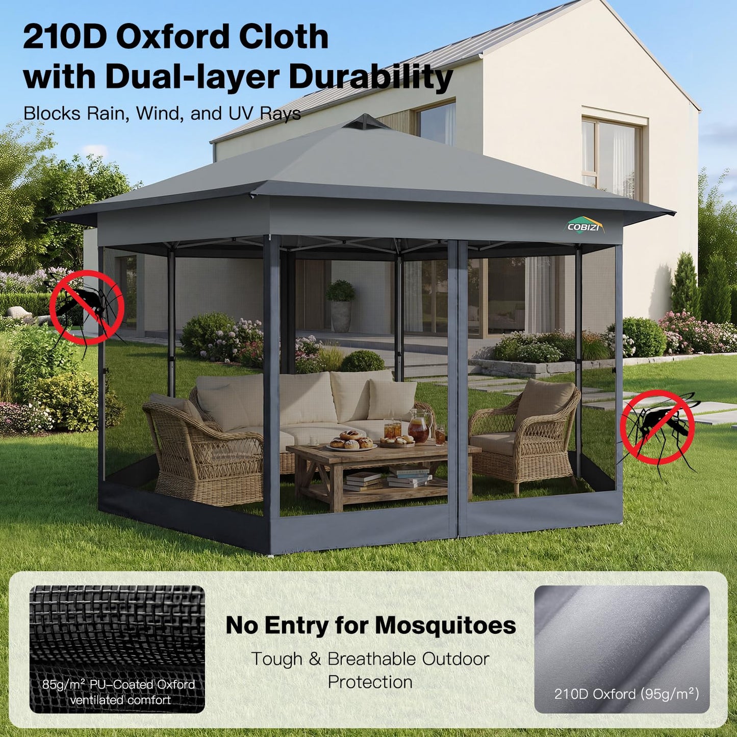 COBIZI 13x13 Pop up Gazebo, Hexagonal Outdoor Canopy Tent with Mosquito Netting, Portable 6-Sided Gazebo Tent, Waterproof, UV Resistant Height for Backyard, Gardens, Patio（Dark Gray）