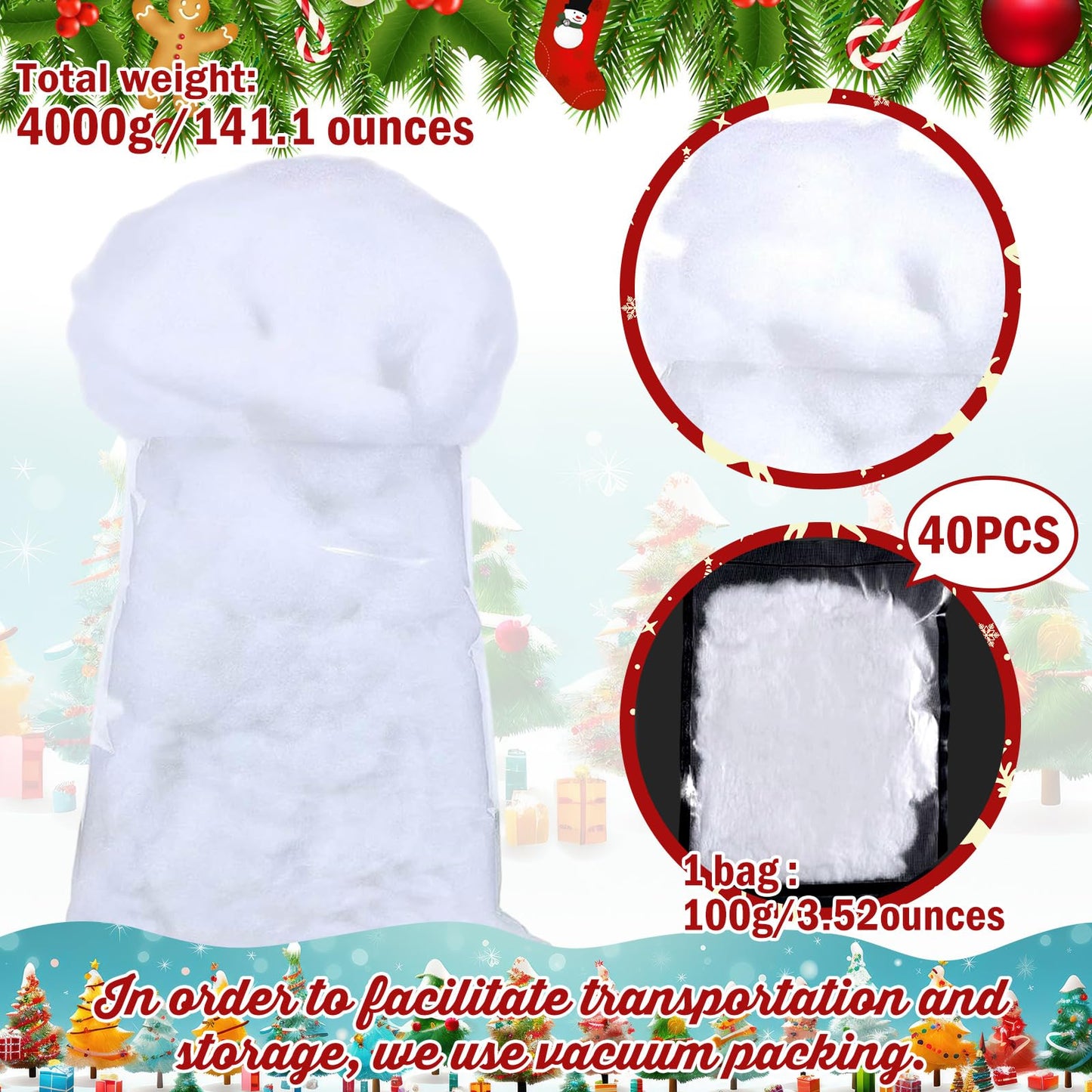 Shappy 141.10 Ounce/ 4000 g Christmas Fake Clouds Snow Decoration Artificial White Cloud Fiber Faux Fluffy Snow Indoor Soft Artificial Fake White Cotton Winter Craft Decor Xmas Tree Village Displays