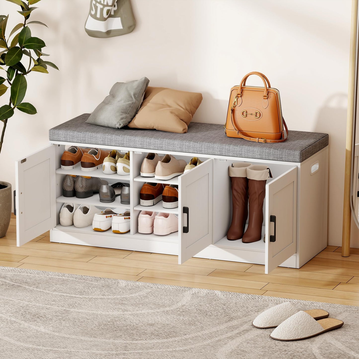 Suuiwau 3-Tier Shoe Storage Bench with Adjustable Shelf, Large Capacity Entryway Shoe Bench with Thickened Padded Seat Cushion and 3 Doors for Entry, Bedroom, Hallway (White,42.5 * 14in)