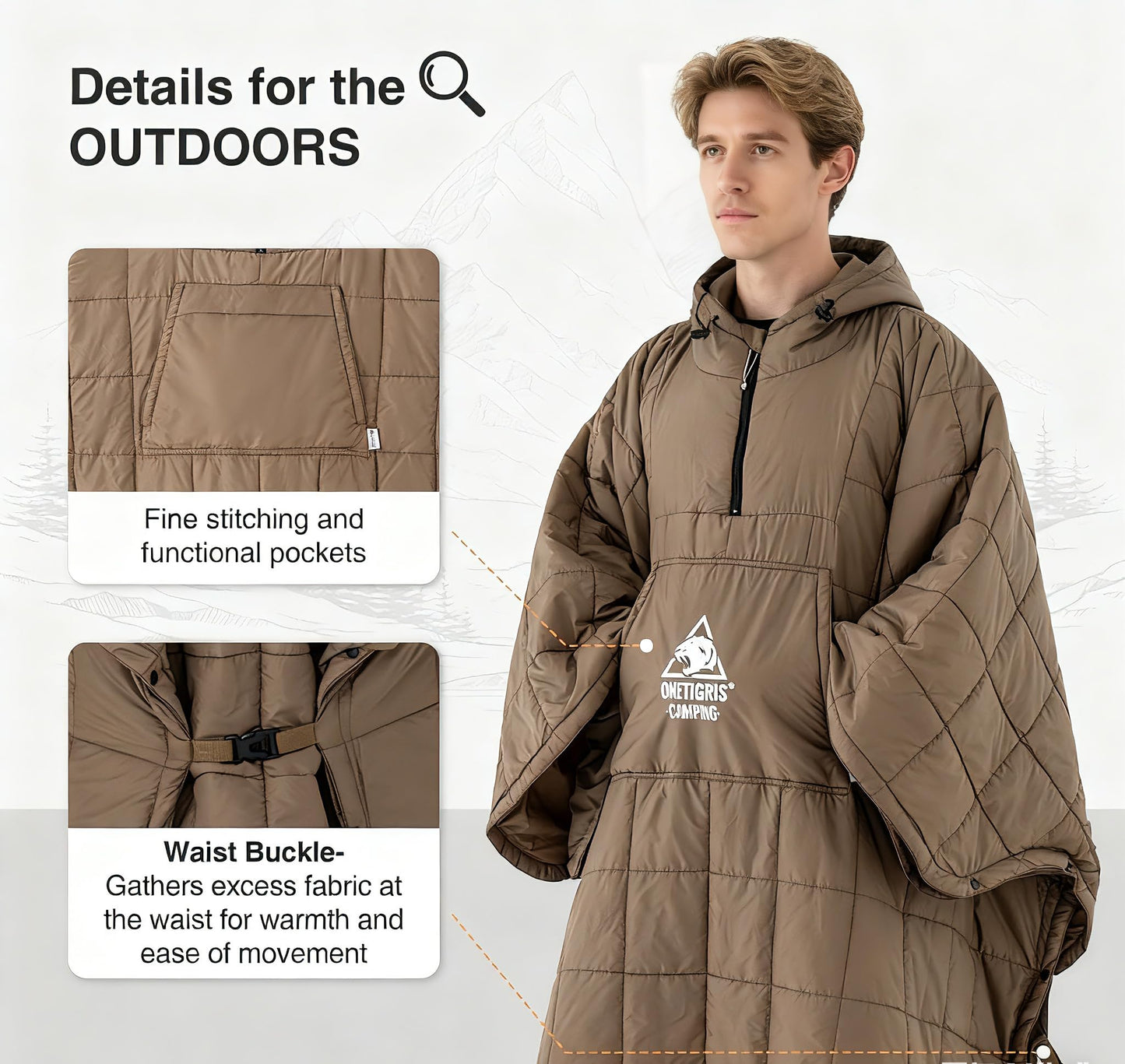 ONETIGRIS Camping Blanket Poncho with with Recycled Synthetic Insulation,Wearable Hoodie Blanket | Ultralight Water-Resistant Warm Camping Blanket for Outdoor, Hiking, Stadium