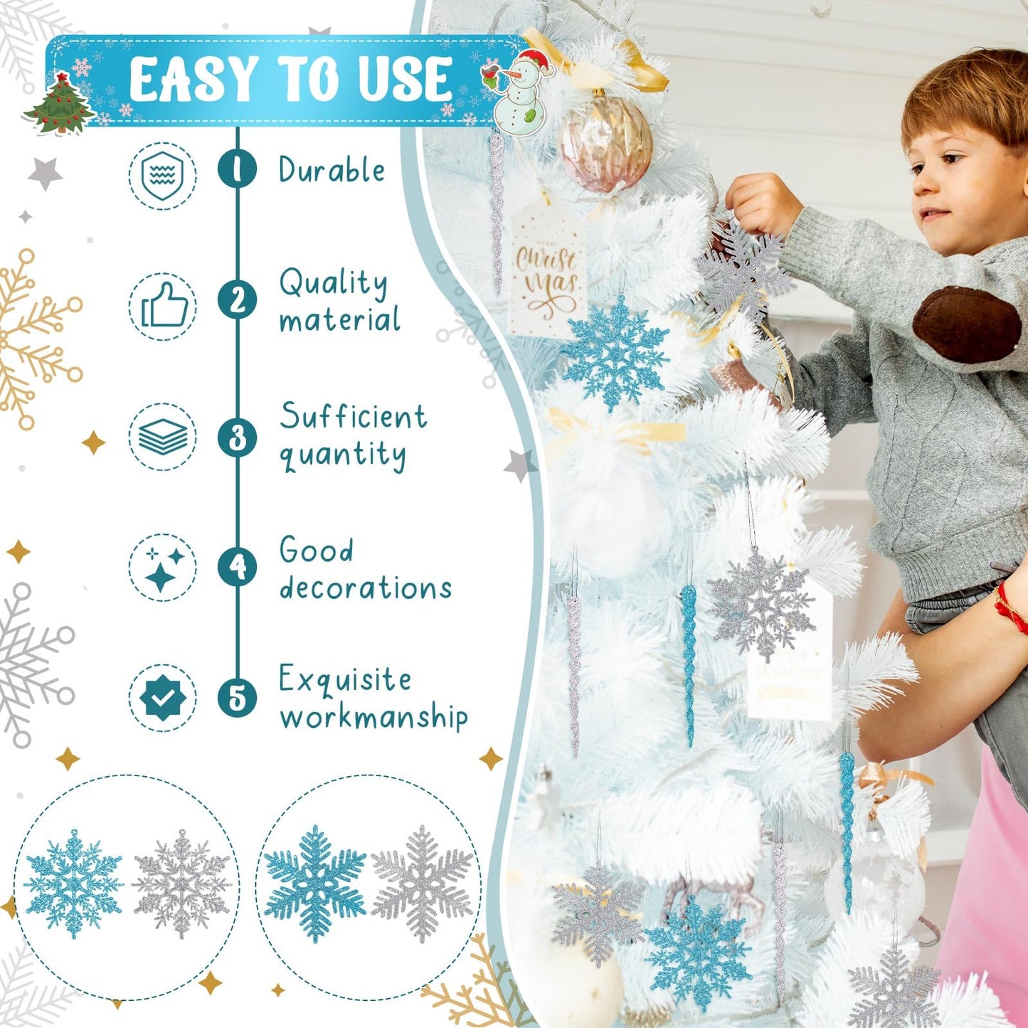 Deekin 72 Pieces Snowflake Icicle Ornaments for Christmas Tree Snowflake Twisted Icicles Glitter Hanging Decorations for Winter Xmas Tree New Year Party Supplies (Light Blue and Silver)