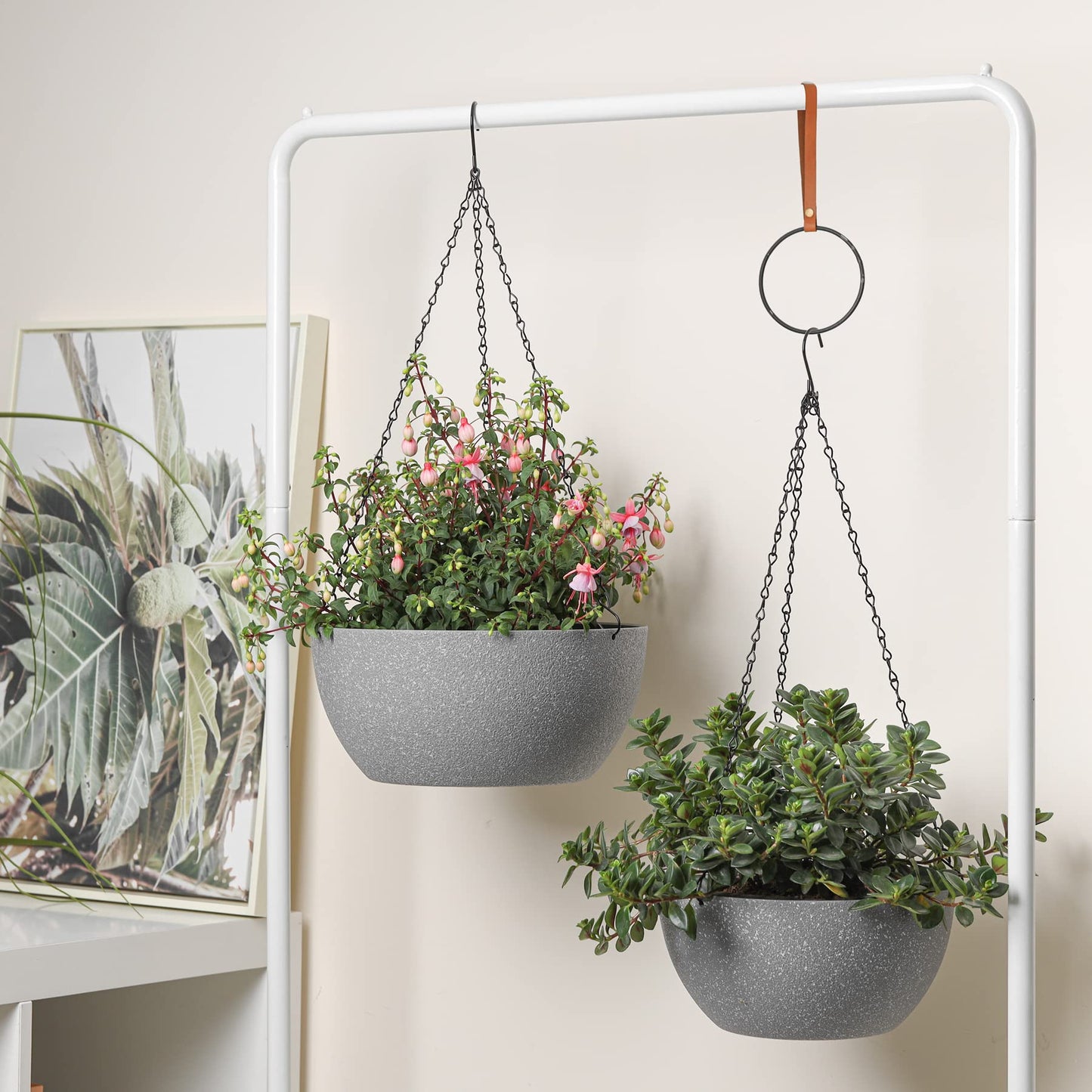 T4U Hanging Planters for Indoor Plants, 10 Inch Hanging Planter Outdoor 2 Pack, Hanging Basket with Drainage Holes, Hanging Plant Holder Indoor, Flower Pots, Plant Pots for Garden, Grey