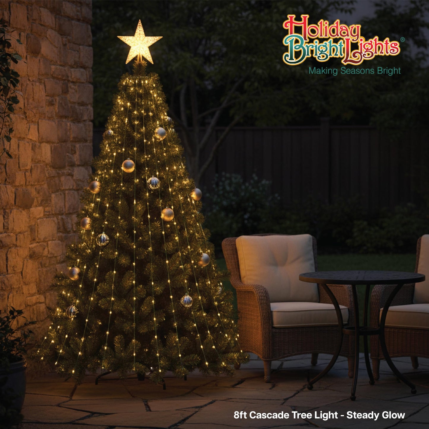 Holiday Bright Lights 8FT Cascade Tree Light with 832 LED Bulbs, Warm White Steady Glow on Green Wire, 16 Strands for Outdoor Decor