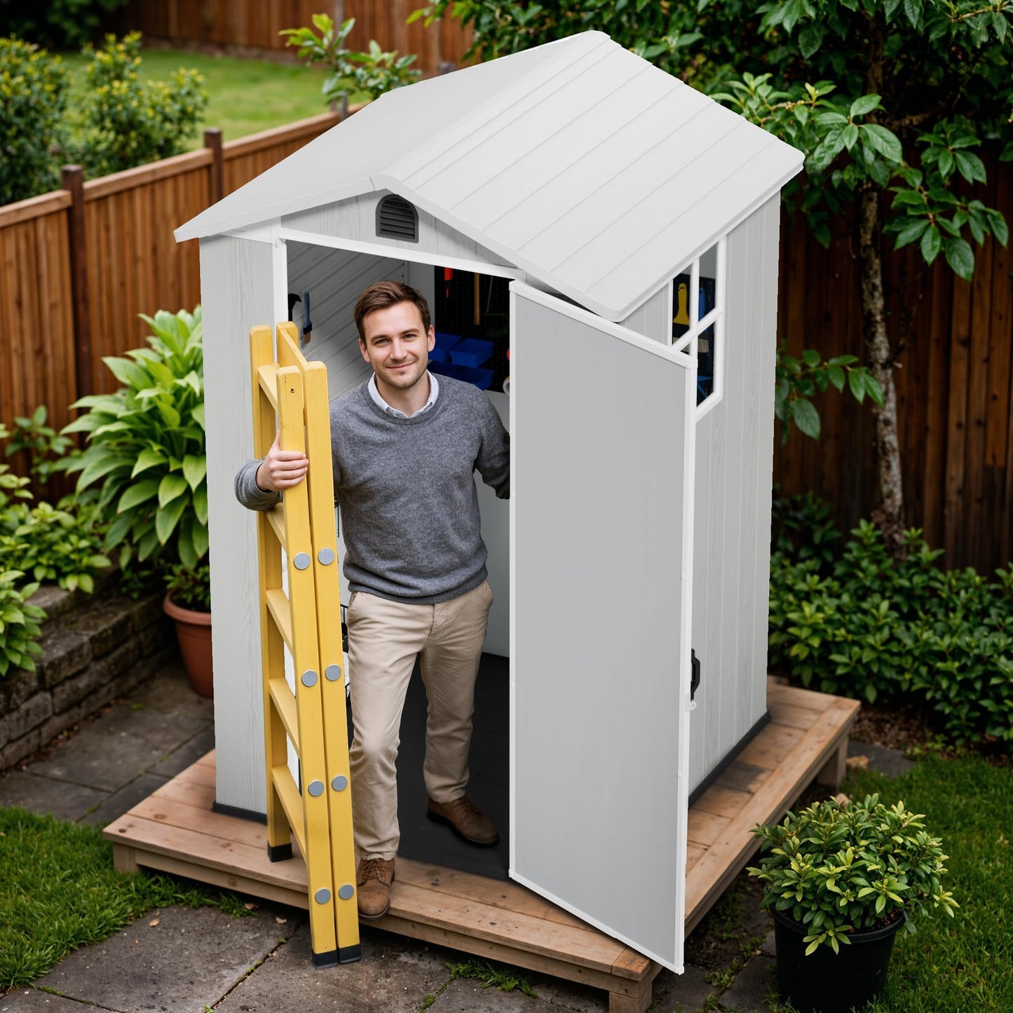 Devoko 4×4 FT Resin Storage Shed with Floor, Plastic Outdoor Garden Shed with Windows and Lockable Doors, Waterproof Outside Tool Sheds for Patio Backyard Lawn, Light Gray