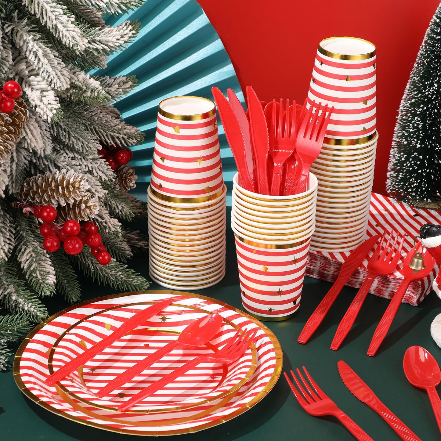 Maxcheck 350 Pcs Christmas Candy Cane Striped Party Plates Cups Napkins and Silverware Set for 50 Guests Disposable Paper Tableware Set Christmas Party Supplies and Table Decorations