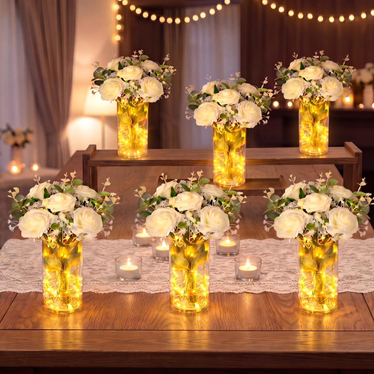Domensi 6 Sets Wedding Table Centerpieces, LED-Enhanced Floral Arrangements with Faux Roses, Eucalyptus, Baby's Breath, and Acrylic Vase for Bridal Showers, Home Dining, and Parties (White)