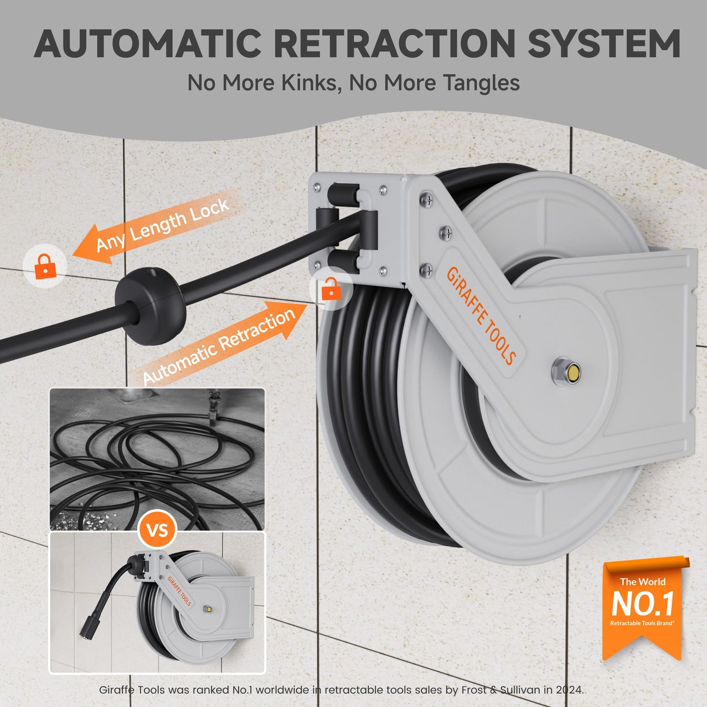 Giraffe Tools Pressure Washer Hose Reel 65ft, 3200 PSI Power Washer Hose Reel, Pressure Washer Retractable Hose Reel, Heavy Duty, Wall/Floor Mounted, Silver